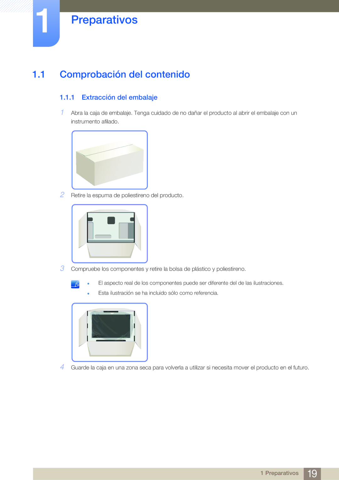 Samsung LF24NSBTBN/EN, LF19NSBTBN/EN, LF22NSBTBN/EN manual Preparativos, Comprobación del contenido, Extracción del embalaje 