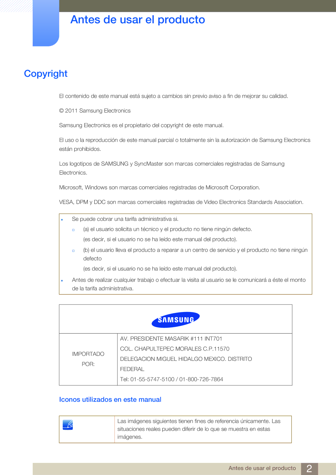 Samsung LF22NSBTBN/EN, LF19NSBTBN/EN, LF24NSBTBN/EN Antes de usar el producto, Copyright, Iconos utilizados en este manual 