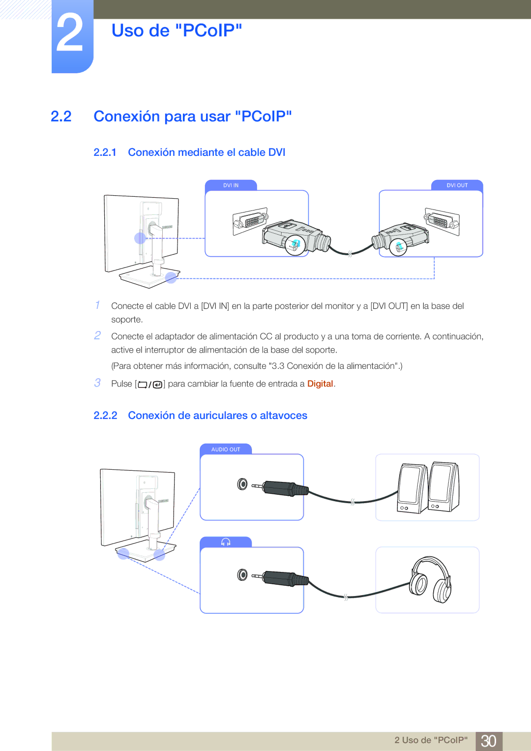 Samsung LF19NSBTBN/EN manual Conexión para usar PCoIP, Conexión mediante el cable DVI, Conexión de auriculares o altavoces 