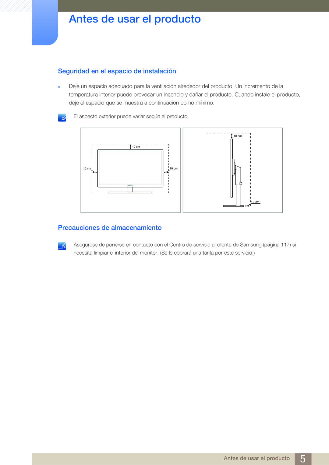 Samsung LF22NSBTBN/EN, LF19NSBTBN/EN, LF24NSBTBN/EN Seguridad en el espacio de instalación, Precauciones de almacenamiento 