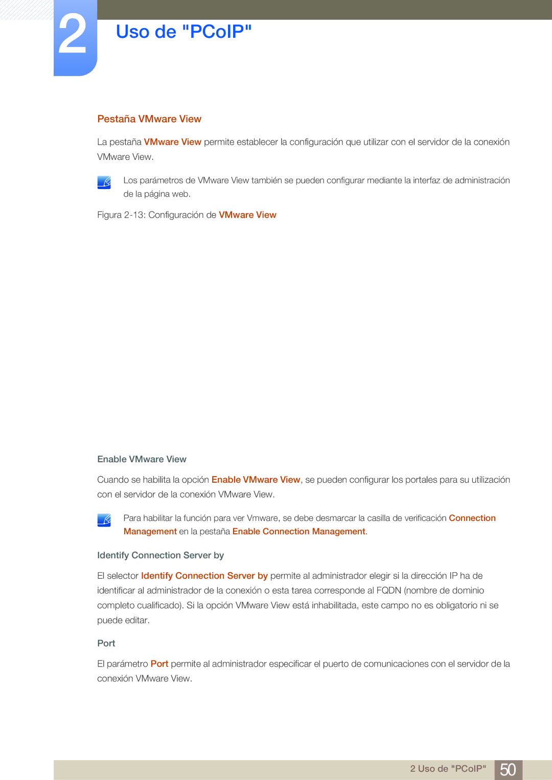 Samsung LF22NSBTBN/EN Pestaña VMware View, Enable VMware View, Management en la pestaña Enable Connection Management, Port 