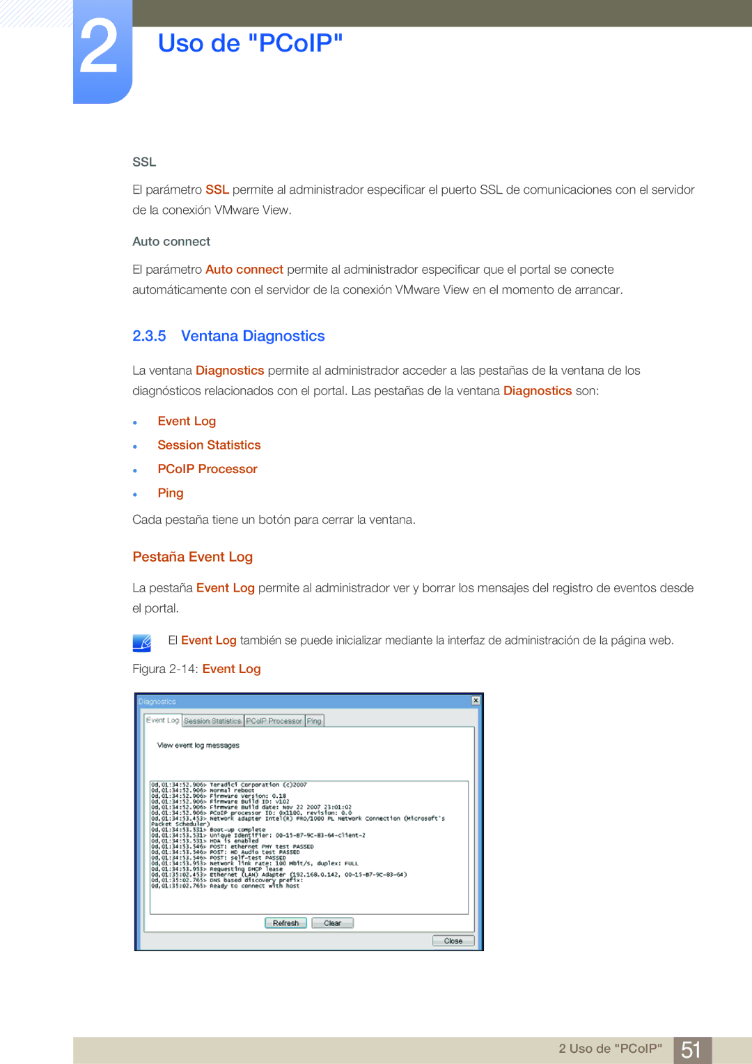 Samsung LF19NSBTBN/EN, LF24NSBTBN/EN, LF22NSBTBN/EN manual Ventana Diagnostics, Pestaña Event Log, Auto connect 