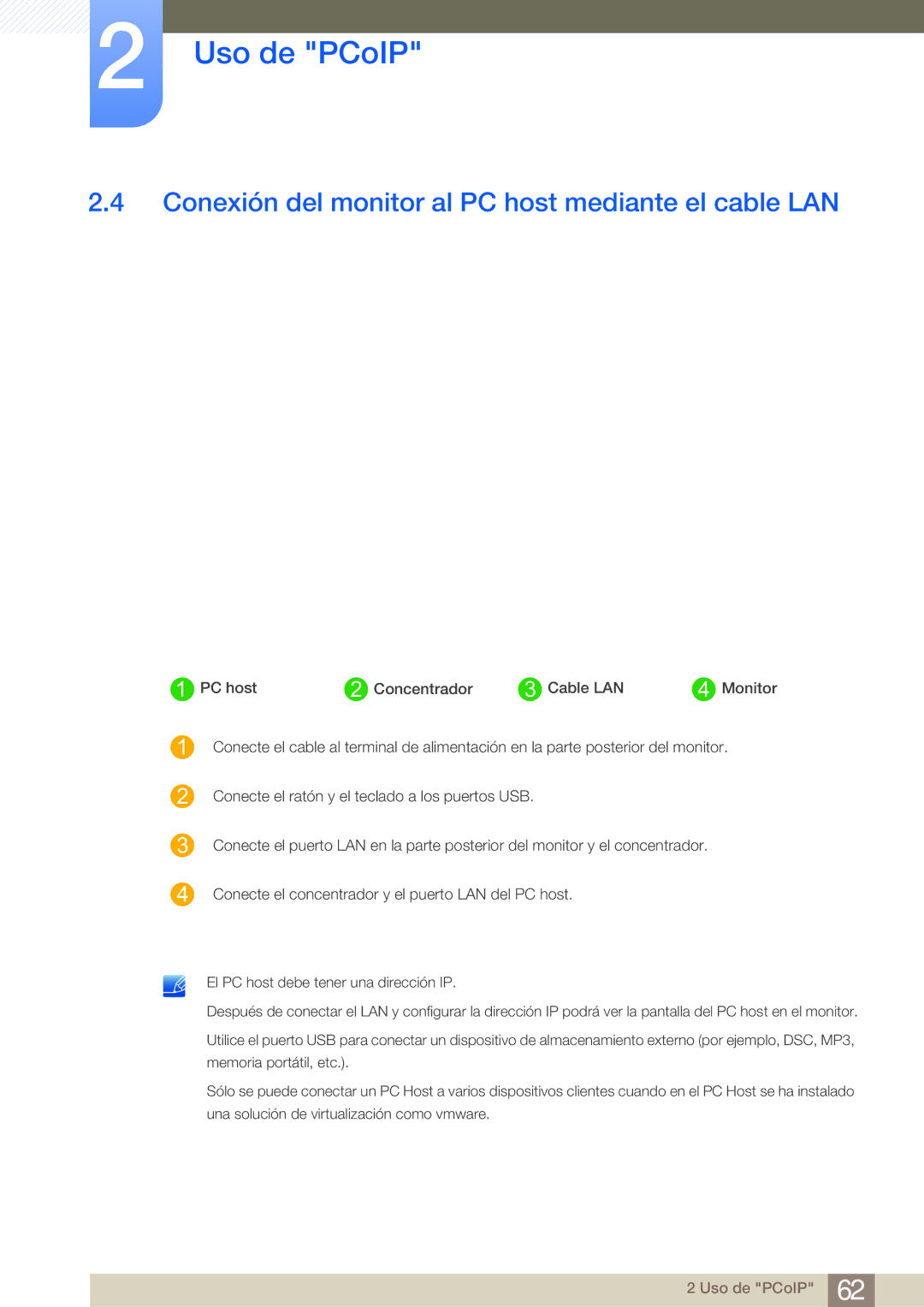 Samsung LF22NSBTBN/EN, LF19NSBTBN/EN, LF24NSBTBN/EN manual Conexión del monitor al PC host mediante el cable LAN 