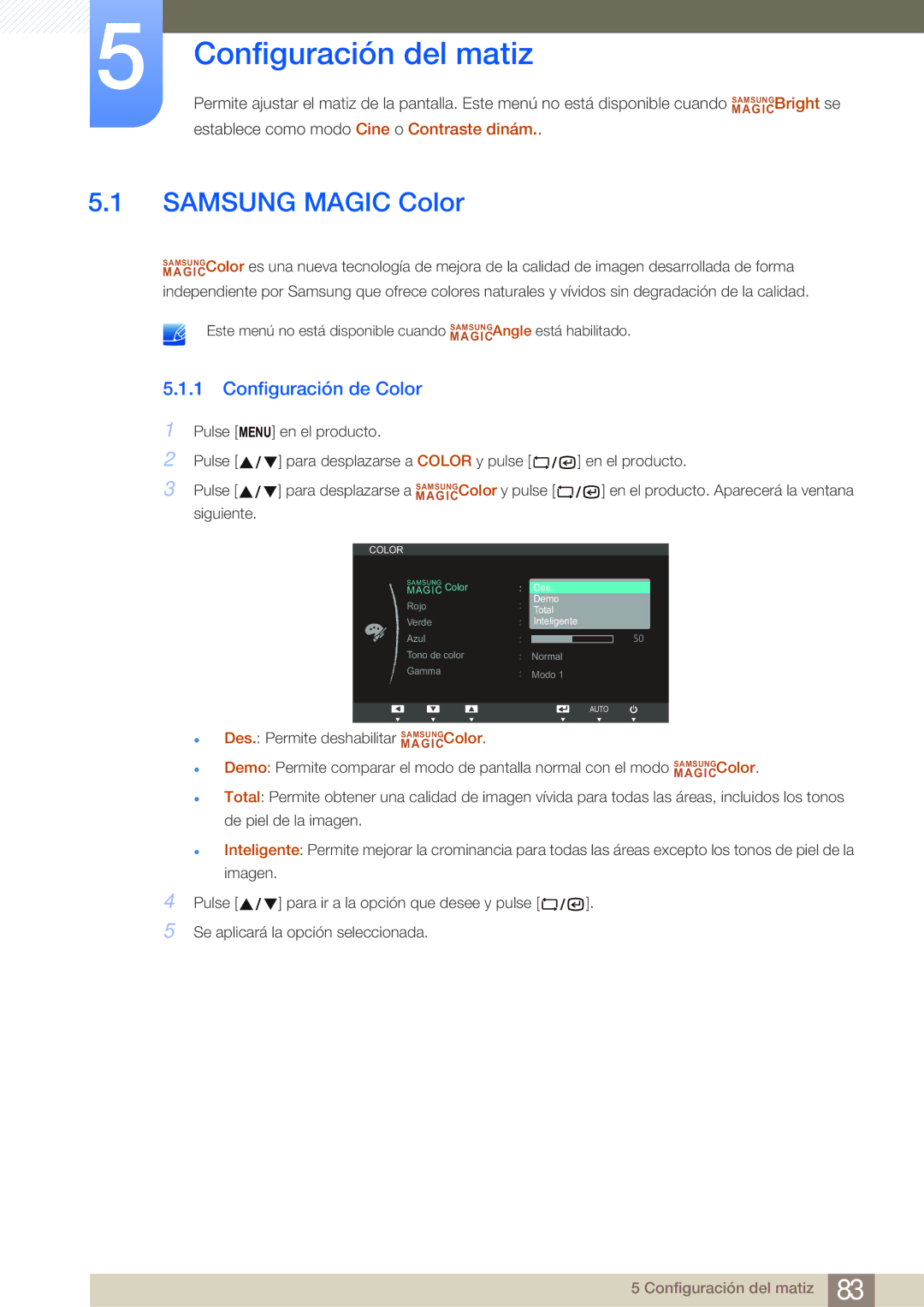 Samsung LF22NSBTBN/EN, LF19NSBTBN/EN, LF24NSBTBN/EN Configuración del matiz, Samsung Magic Color, Configuración de Color 