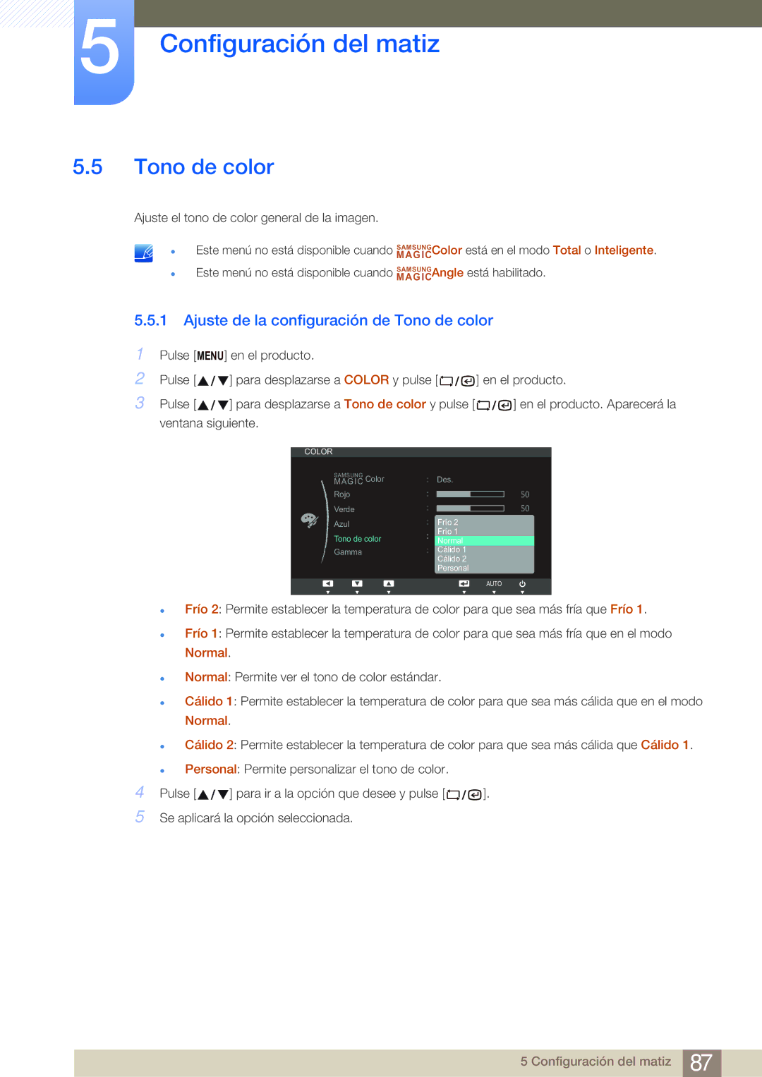 Samsung LF19NSBTBN/EN, LF24NSBTBN/EN, LF22NSBTBN/EN manual Ajuste de la configuración de Tono de color 