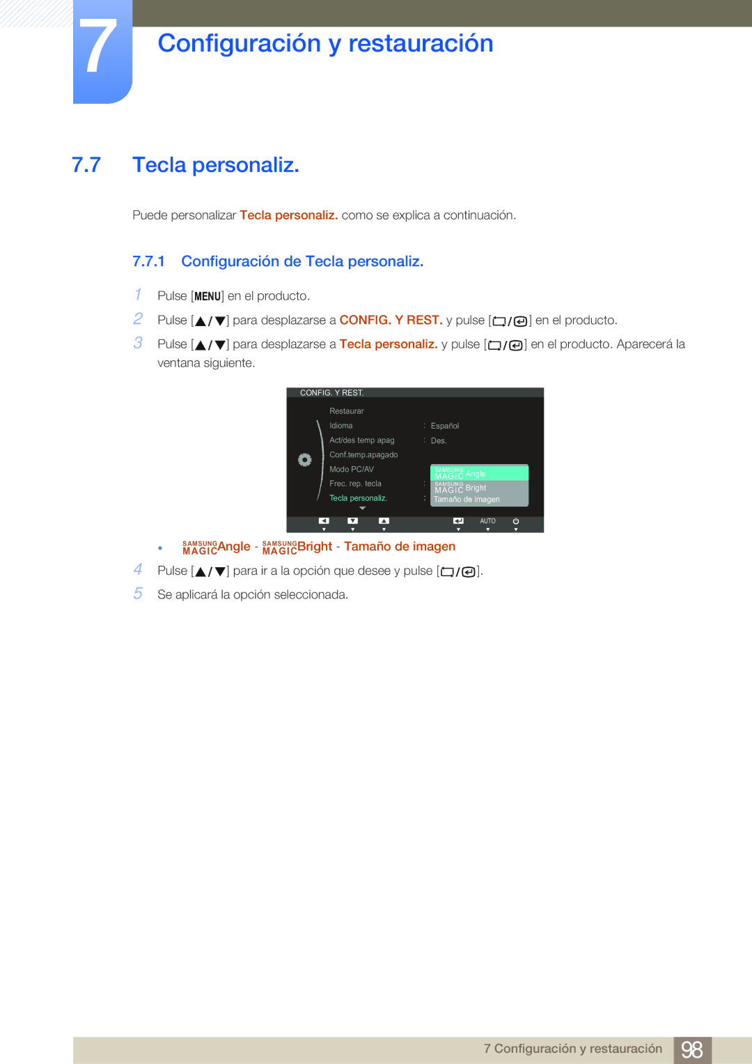 Samsung LF22NSBTBN/EN manual Configuración de Tecla personaliz, MAGICSAMSUNGAngle MAGICSAMSUNGBright Tamaño de imagen 