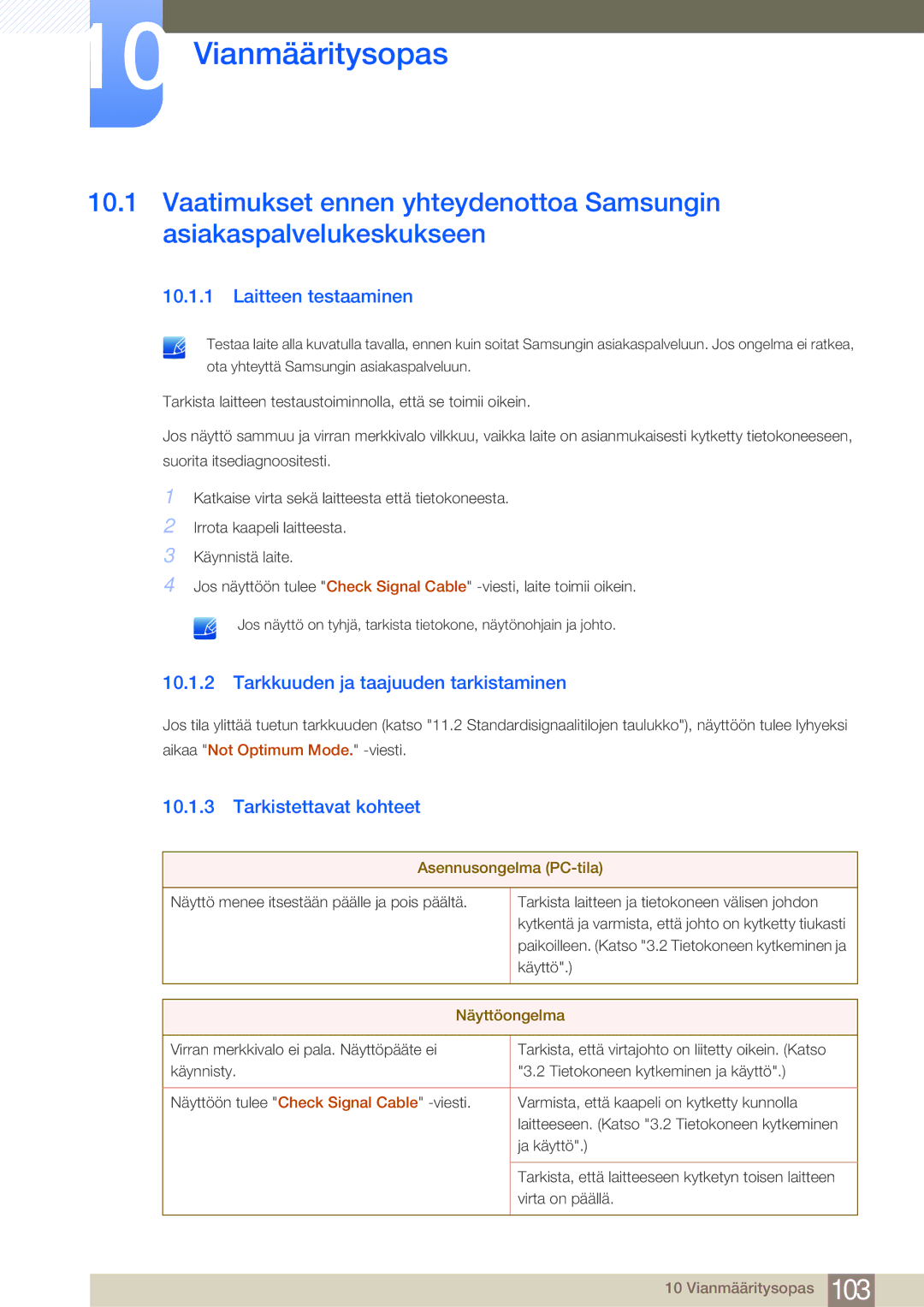 Samsung LF24NSBTBN/EN, LF19NSBTBN/EN manual Vianmääritysopas, Laitteen testaaminen, Tarkkuuden ja taajuuden tarkistaminen 