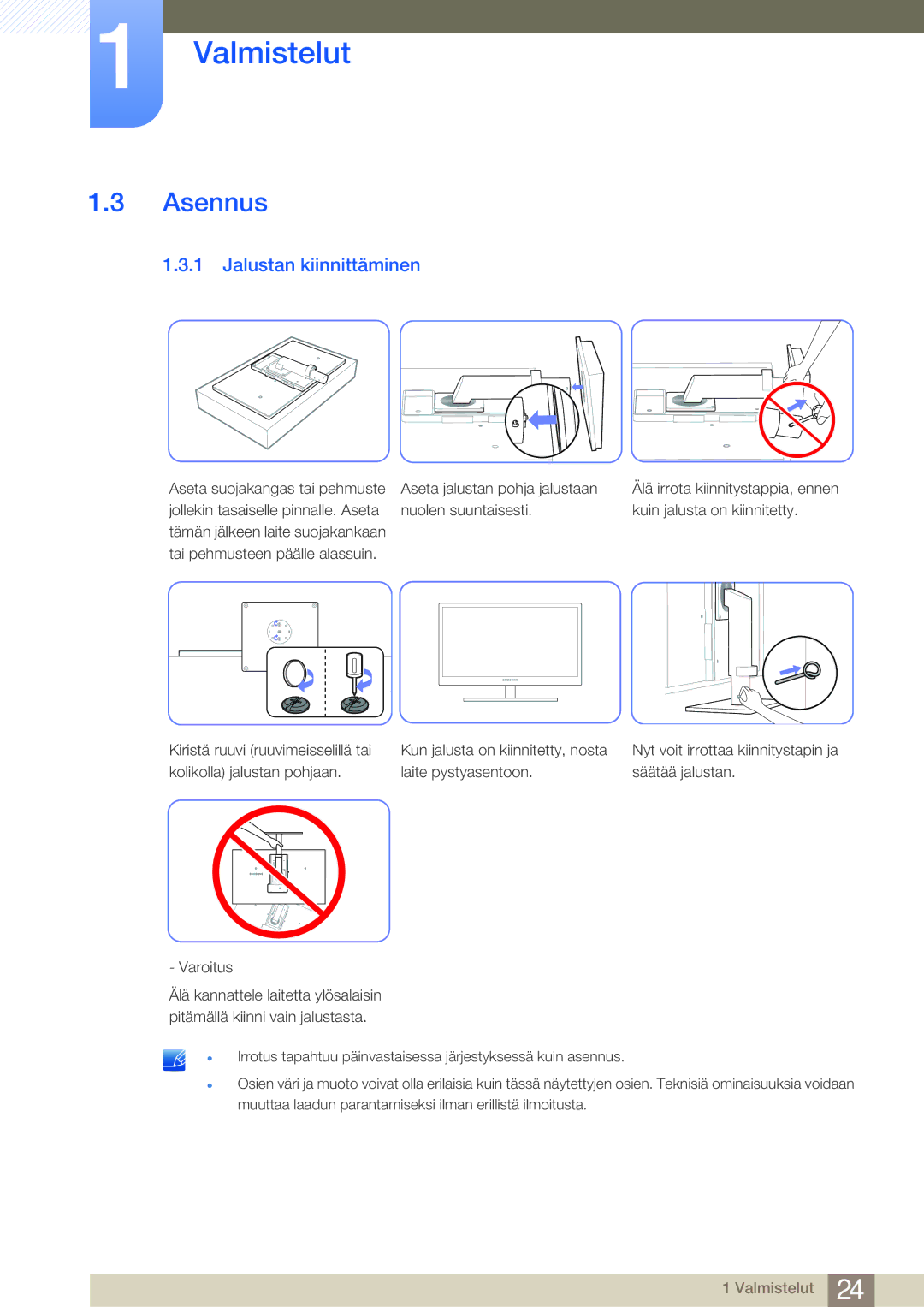 Samsung LF19NSBTBN/EN, LF24NSBTBN/EN, LF22NSBTBN/EN manual Asennus, Jalustan kiinnittäminen 