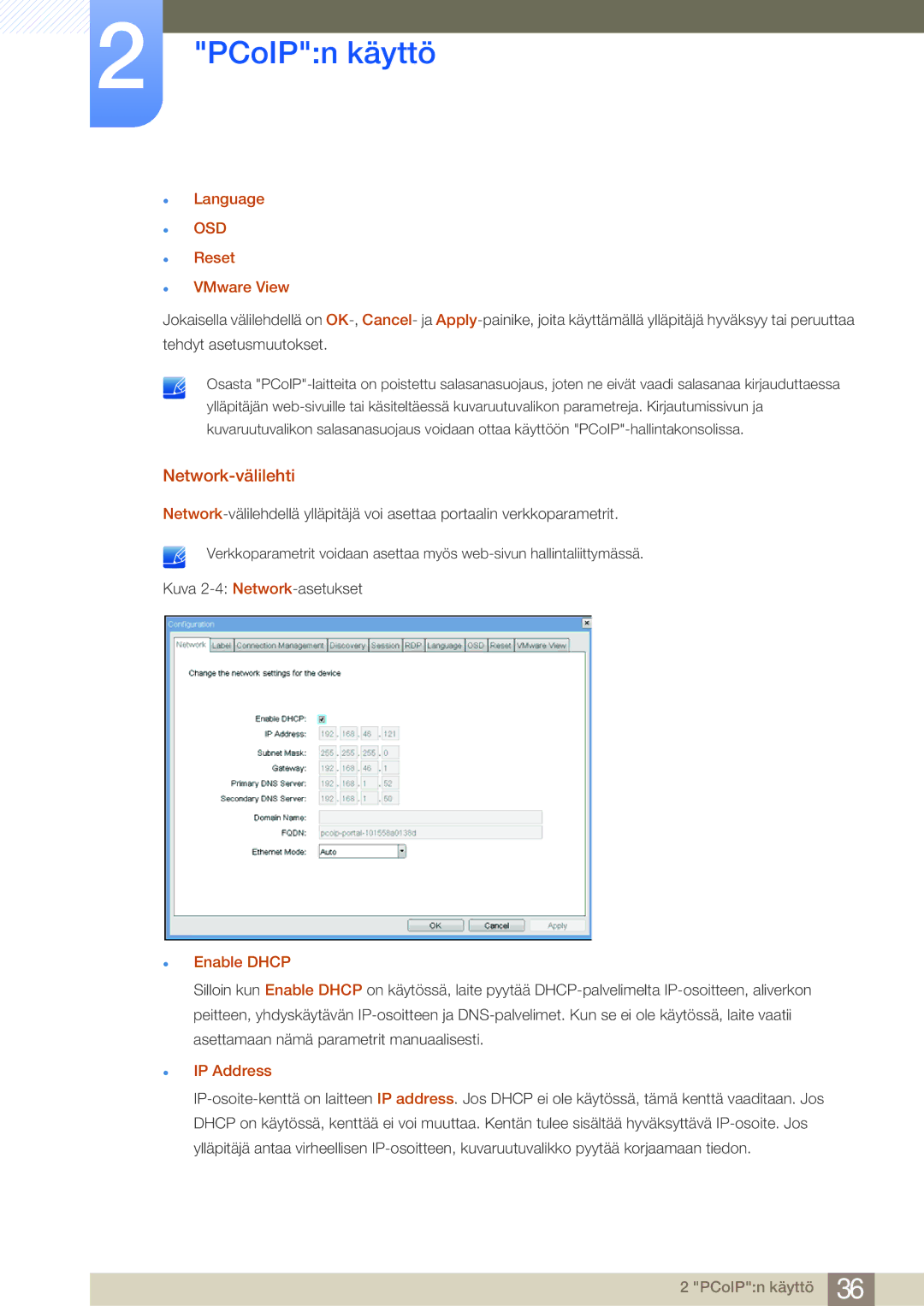 Samsung LF19NSBTBN/EN, LF24NSBTBN/EN, LF22NSBTBN/EN Network-välilehti, Language, Reset VMware View, Enable Dhcp, IP Address 