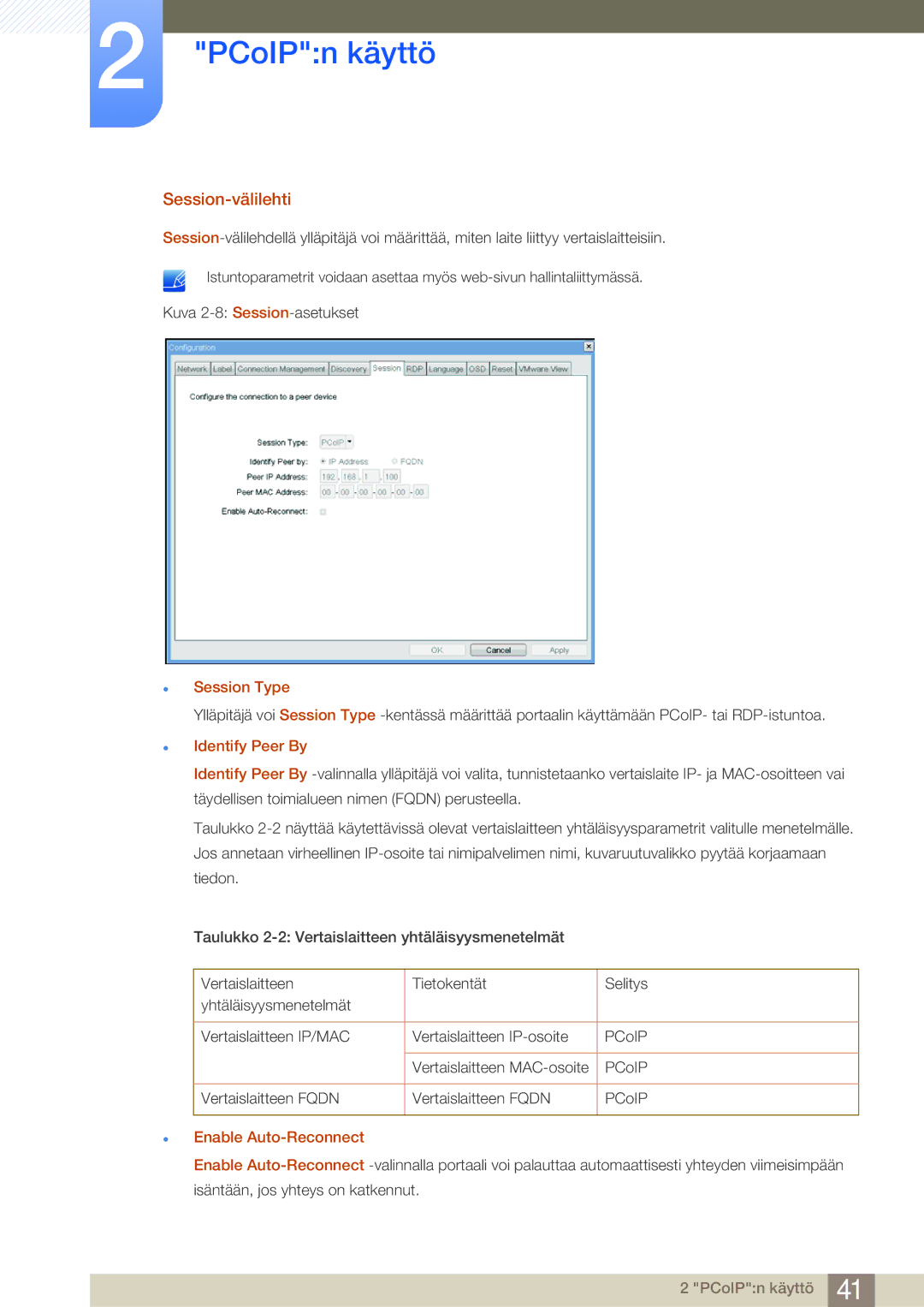 Samsung LF22NSBTBN/EN, LF19NSBTBN/EN, LF24NSBTBN/EN manual Session-välilehti, Session Type, Enable Auto-Reconnect 