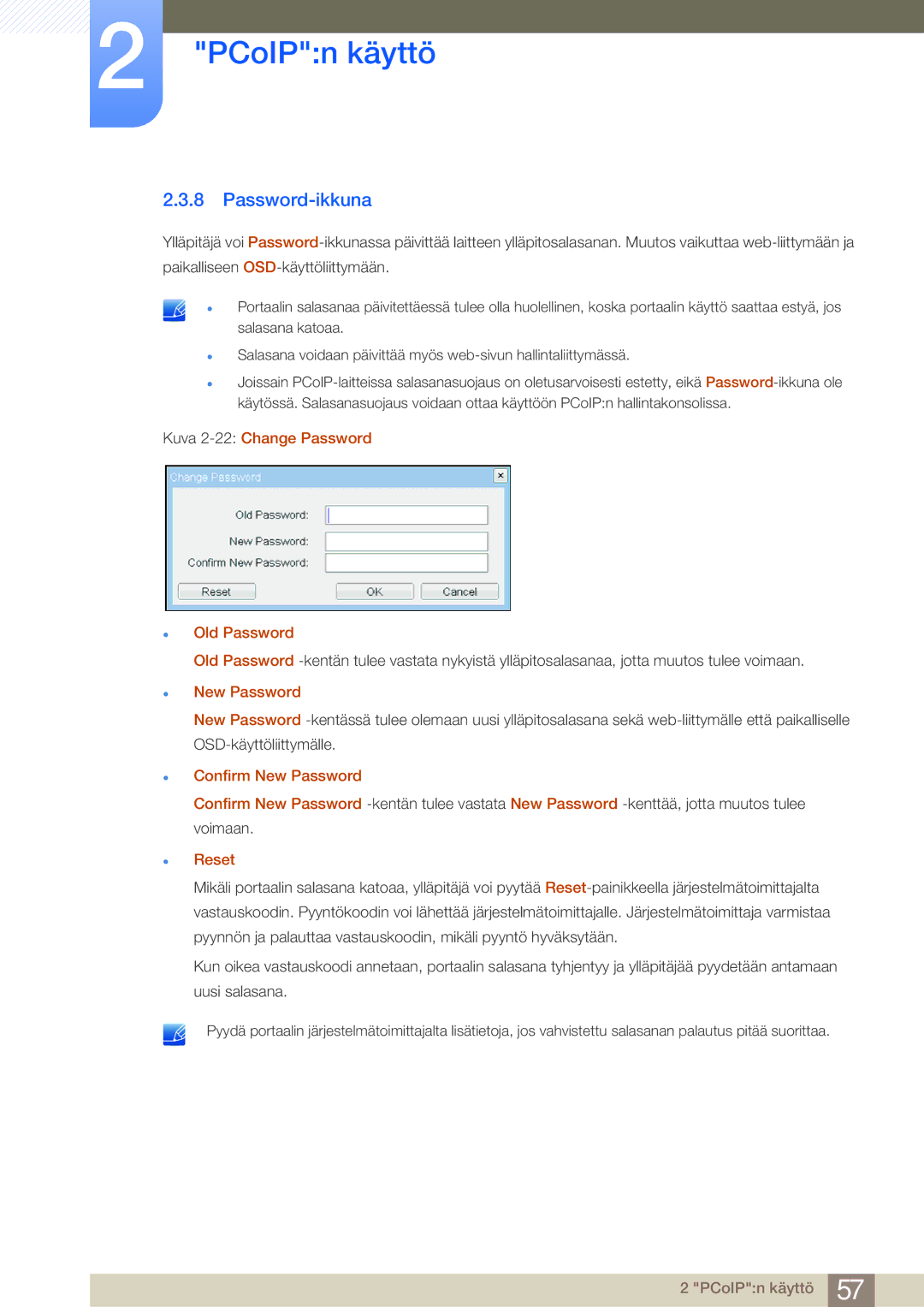 Samsung LF19NSBTBN/EN, LF24NSBTBN/EN Password-ikkuna, Kuva 2-22Change Password Old Password, Confirm New Password, Reset 