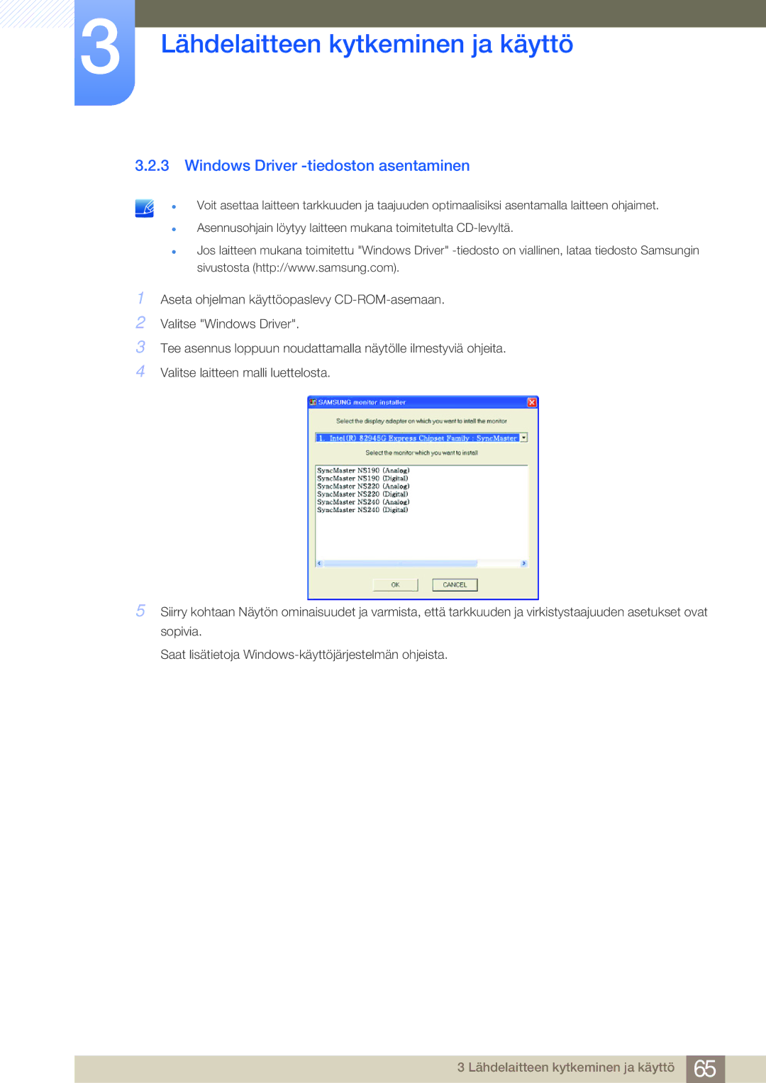 Samsung LF22NSBTBN/EN, LF19NSBTBN/EN, LF24NSBTBN/EN manual Windows Driver -tiedoston asentaminen 