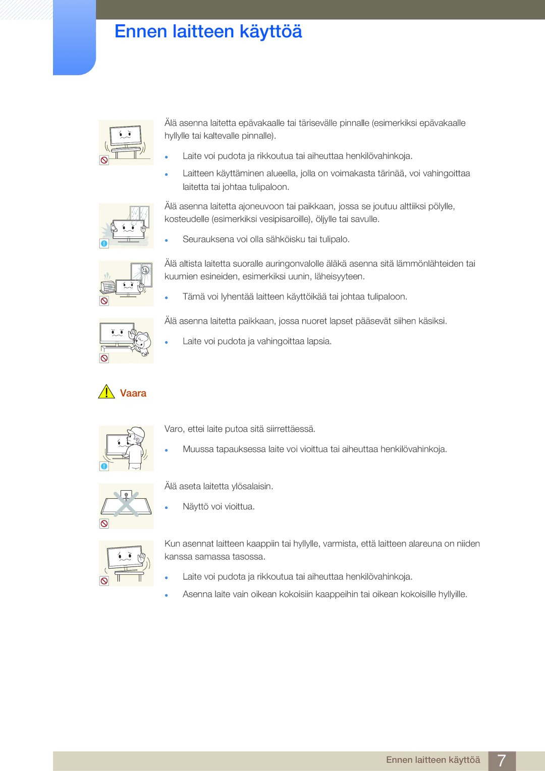 Samsung LF24NSBTBN/EN, LF19NSBTBN/EN, LF22NSBTBN/EN manual Seurauksena voi olla sähköisku tai tulipalo 