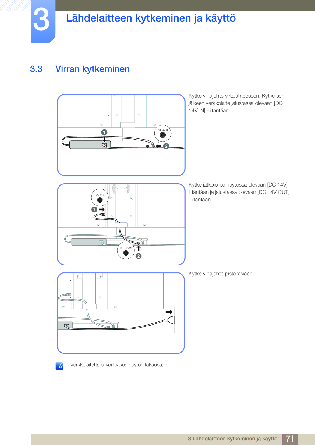 Samsung LF22NSBTBN/EN, LF19NSBTBN/EN, LF24NSBTBN/EN manual Virran kytkeminen 