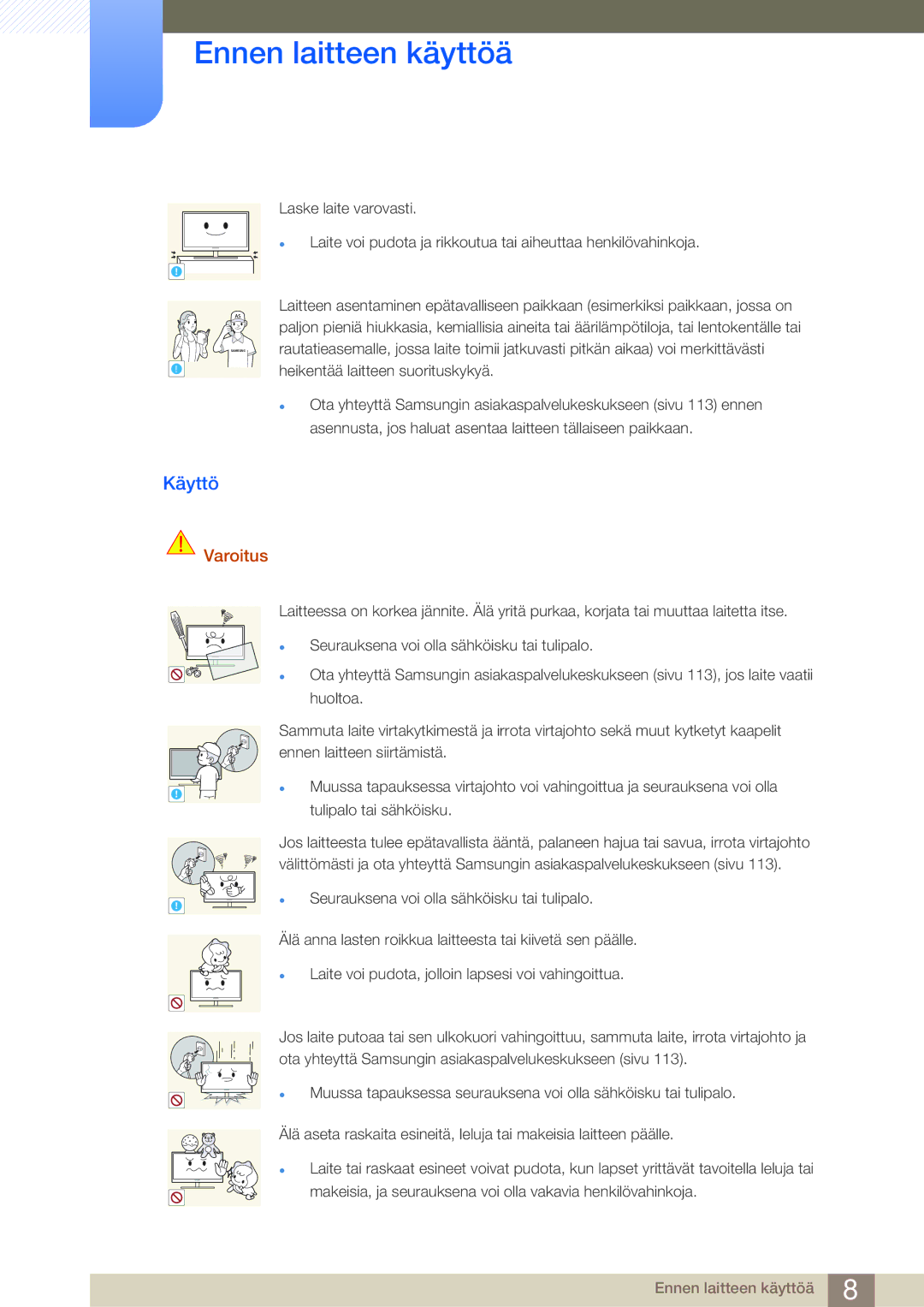 Samsung LF22NSBTBN/EN, LF19NSBTBN/EN, LF24NSBTBN/EN manual Käyttö, Tulipalo tai sähköisku 