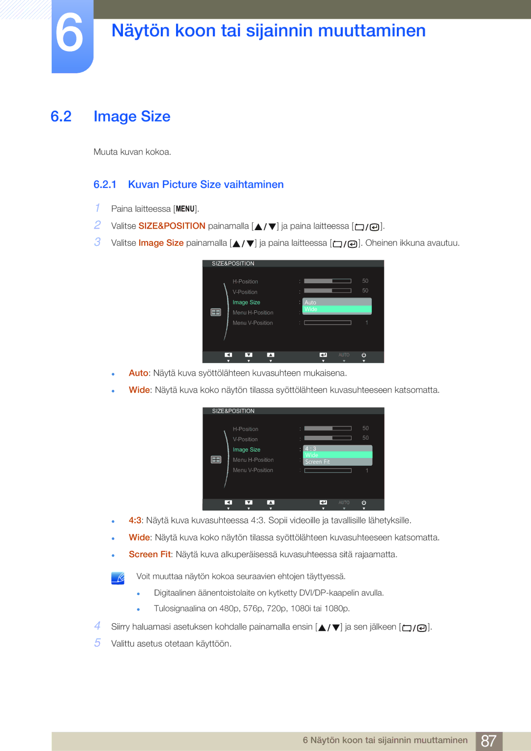 Samsung LF19NSBTBN/EN, LF24NSBTBN/EN, LF22NSBTBN/EN manual Image Size, Kuvan Picture Size vaihtaminen 