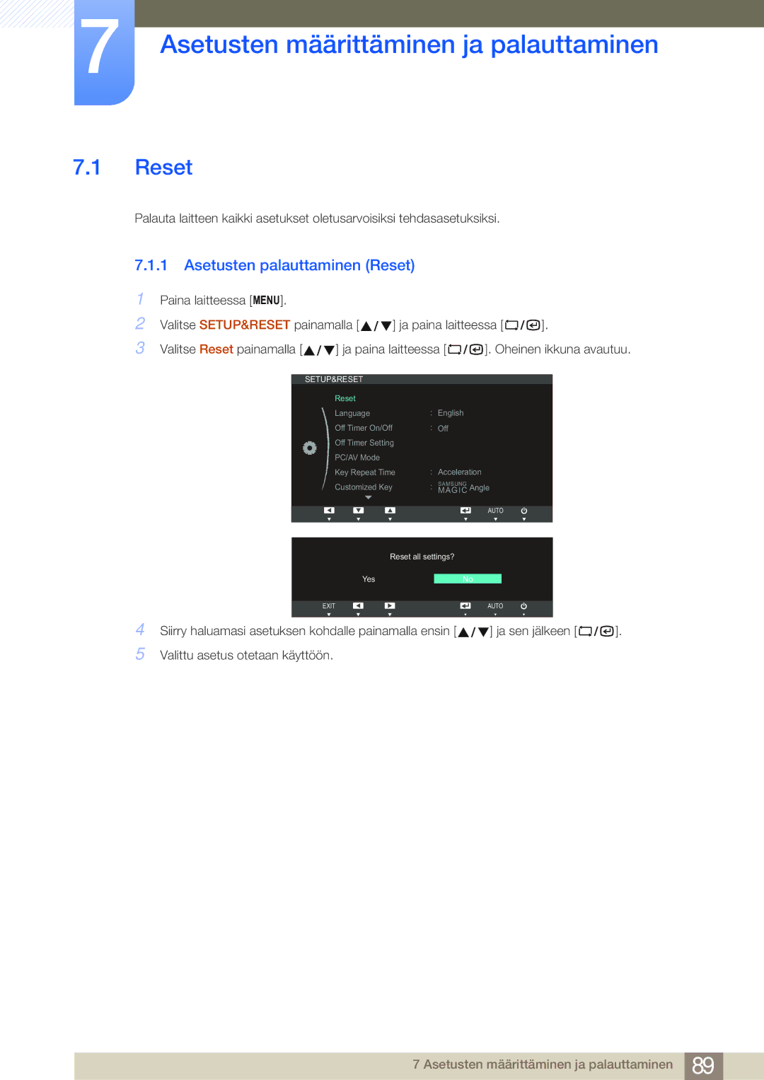 Samsung LF22NSBTBN/EN, LF19NSBTBN/EN manual Asetusten määrittäminen ja palauttaminen, Asetusten palauttaminen Reset 