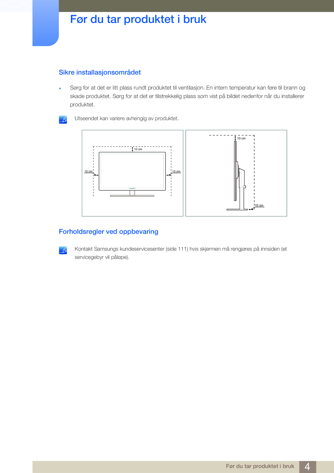 Samsung LF24NSBTBN/EN, LF19NSBTBN/EN, LF22NSBTBN/EN manual Sikre installasjonsområdet, Forholdsregler ved oppbevaring 