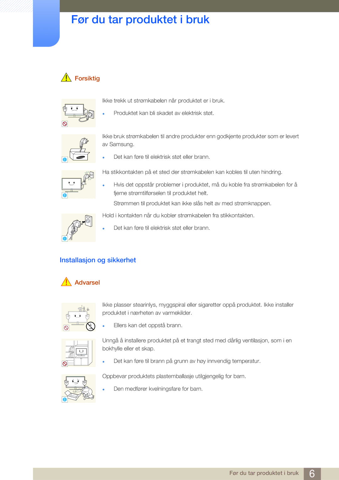 Samsung LF19NSBTBN/EN, LF24NSBTBN/EN, LF22NSBTBN/EN manual Installasjon og sikkerhet, Forsiktig 