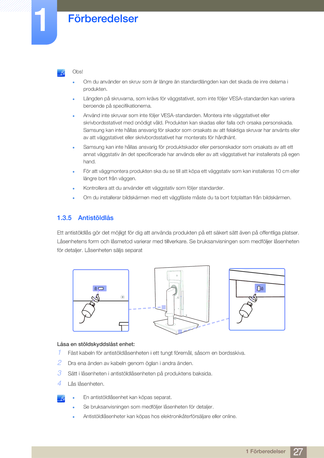 Samsung LF19NSBTBN/EN, LF24NSBTBN/EN, LF22NSBTBN/EN manual Antistöldlås 