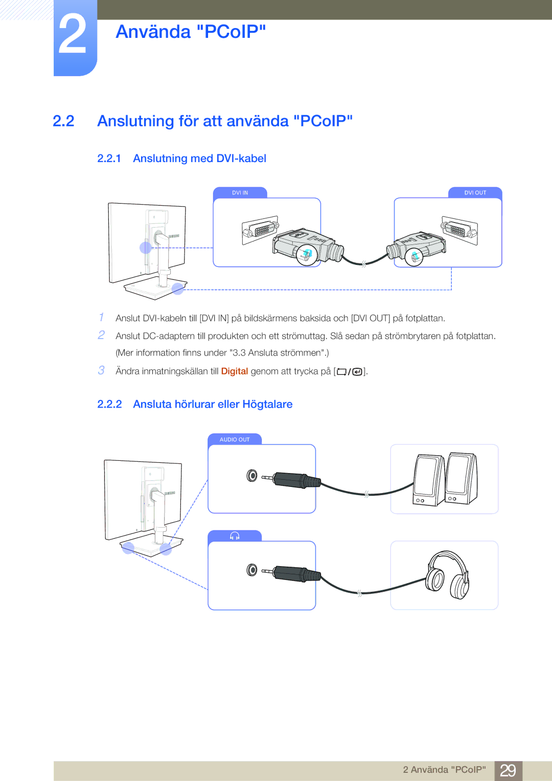 Samsung LF22NSBTBN/EN manual Anslutning för att använda PCoIP, Anslutning med DVI-kabel, Ansluta hörlurar eller Högtalare 