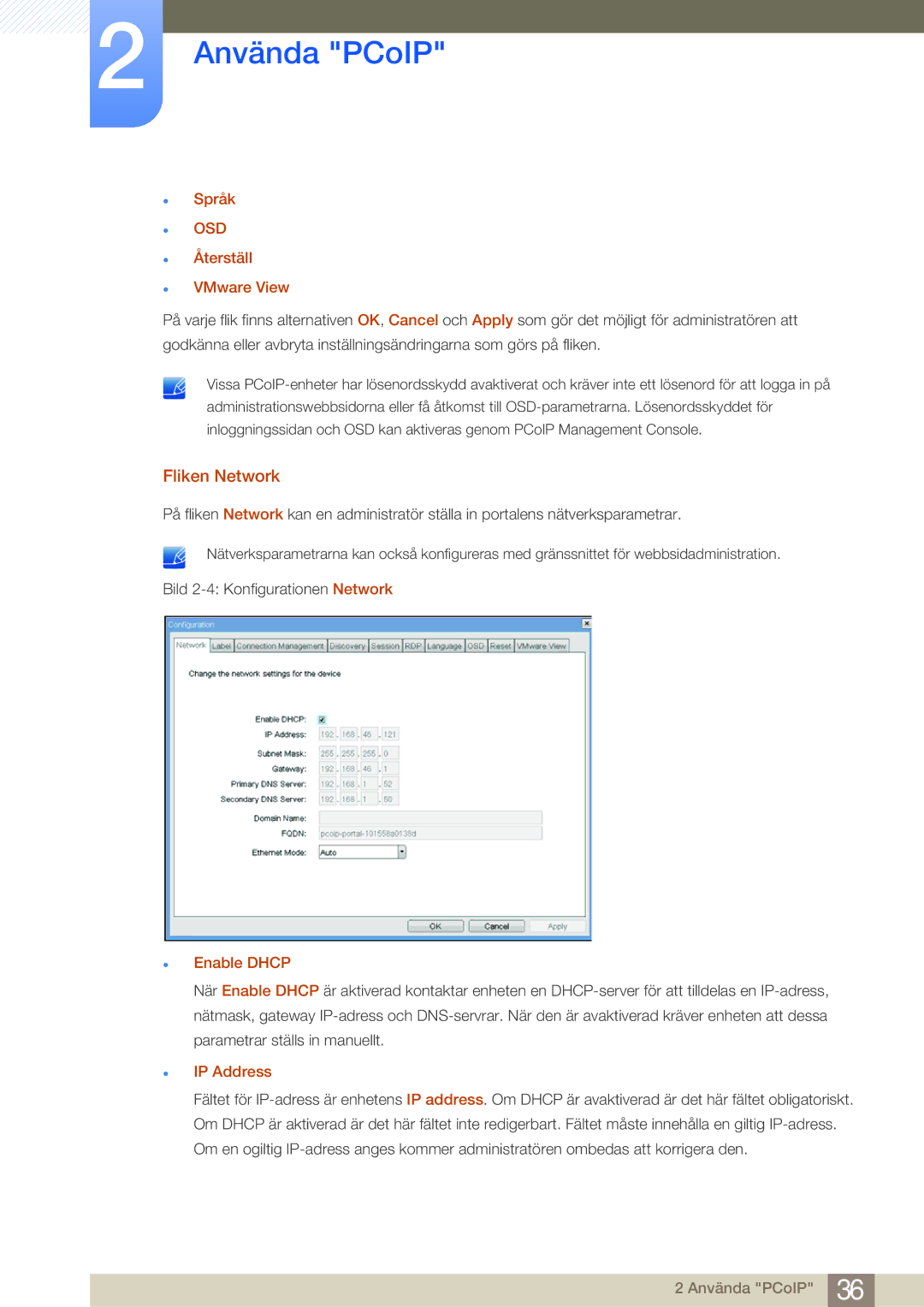 Samsung LF19NSBTBN/EN, LF24NSBTBN/EN, LF22NSBTBN/EN Fliken Network, Språk, Återställ VMware View, Enable Dhcp, IP Address 