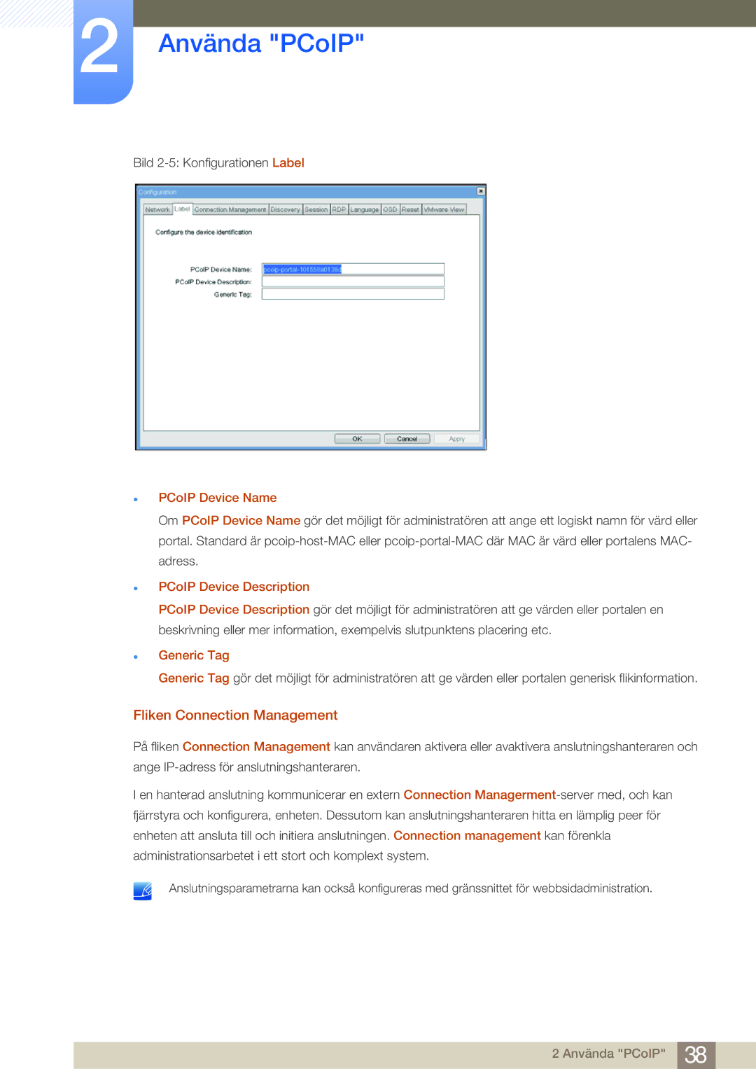 Samsung LF22NSBTBN/EN manual Fliken Connection Management, PCoIP Device Name, PCoIP Device Description, Generic Tag 