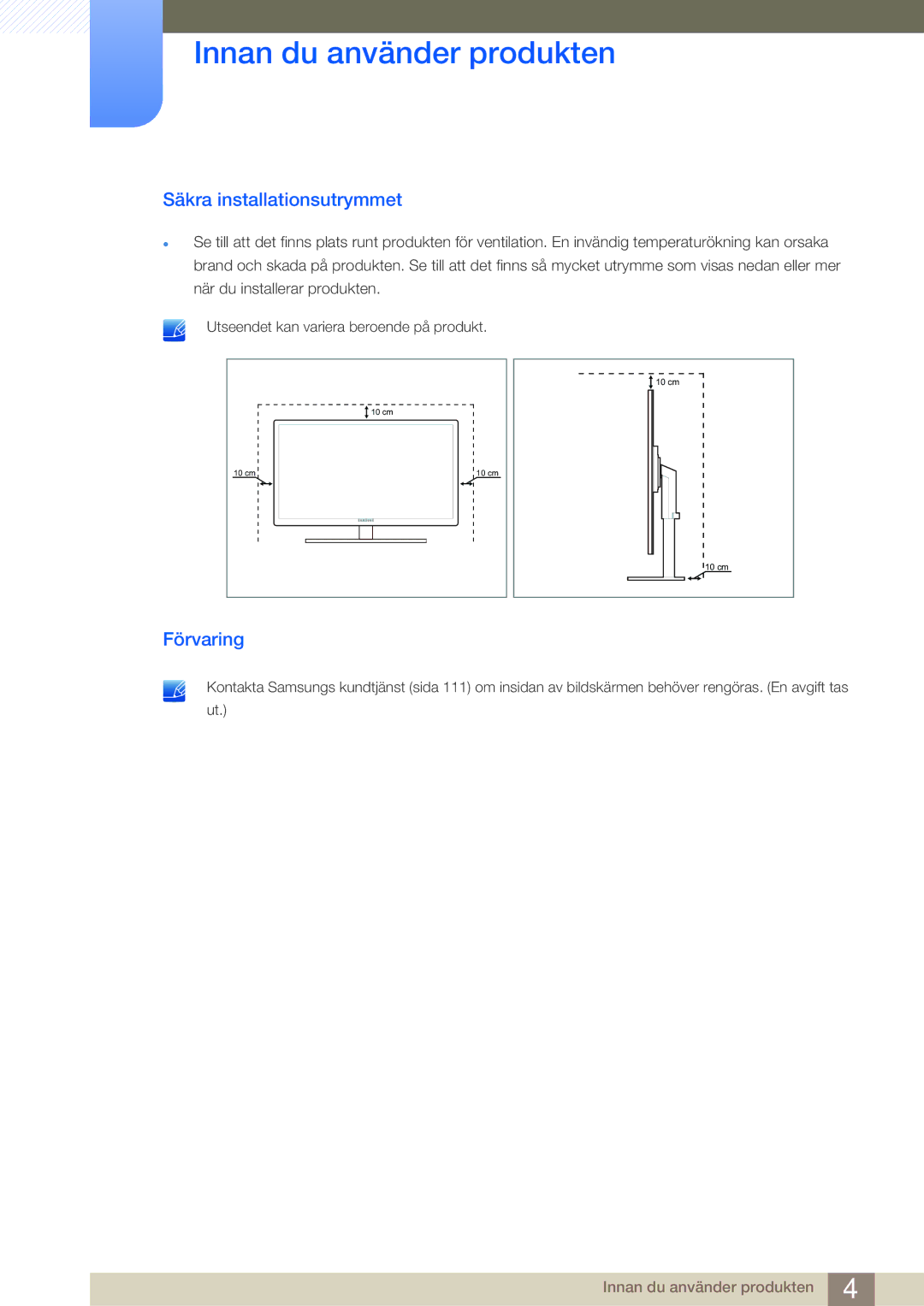 Samsung LF24NSBTBN/EN, LF19NSBTBN/EN, LF22NSBTBN/EN manual Säkra installationsutrymmet, Förvaring 