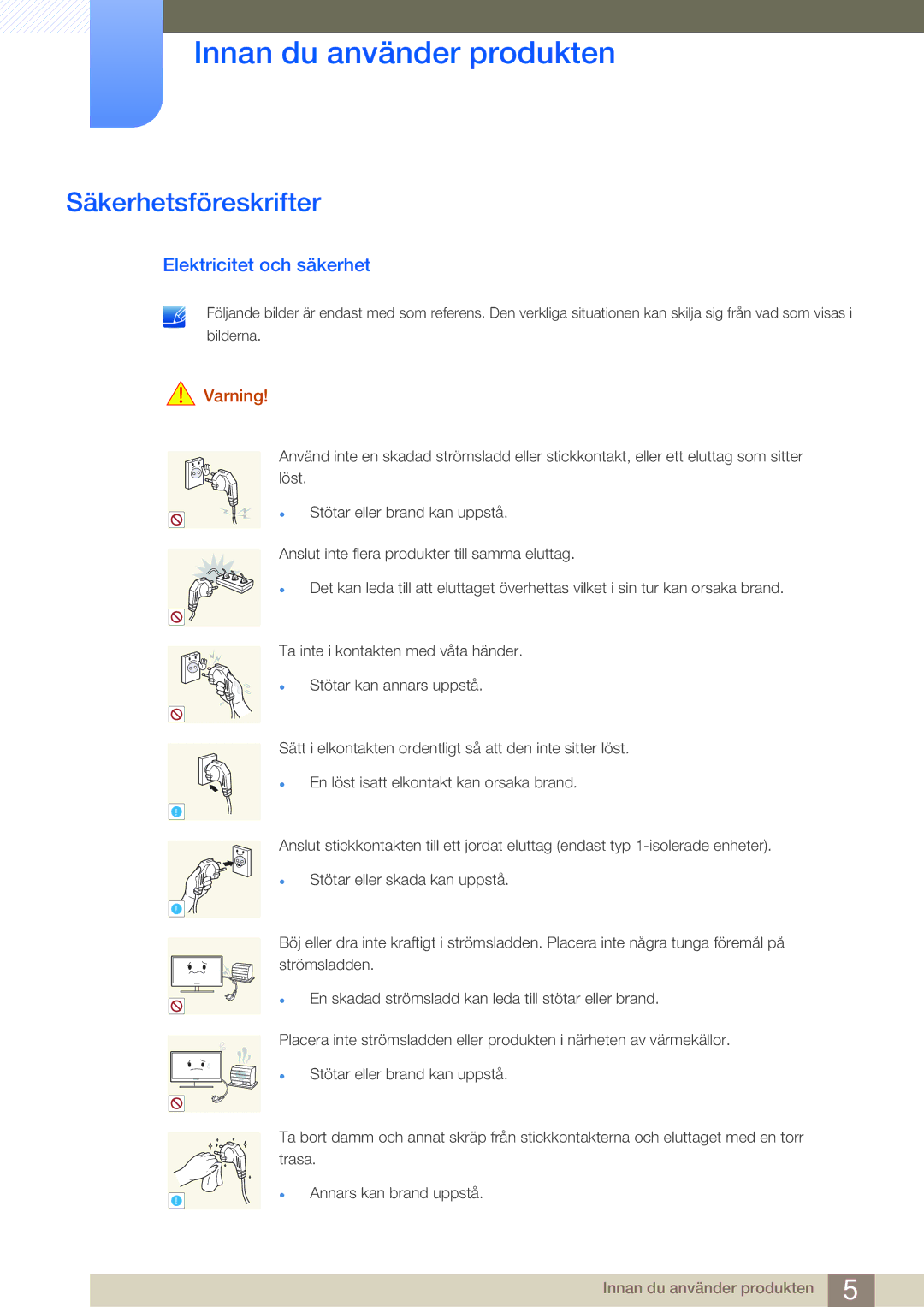 Samsung LF22NSBTBN/EN, LF19NSBTBN/EN, LF24NSBTBN/EN manual Säkerhetsföreskrifter, Elektricitet och säkerhet, Varning 