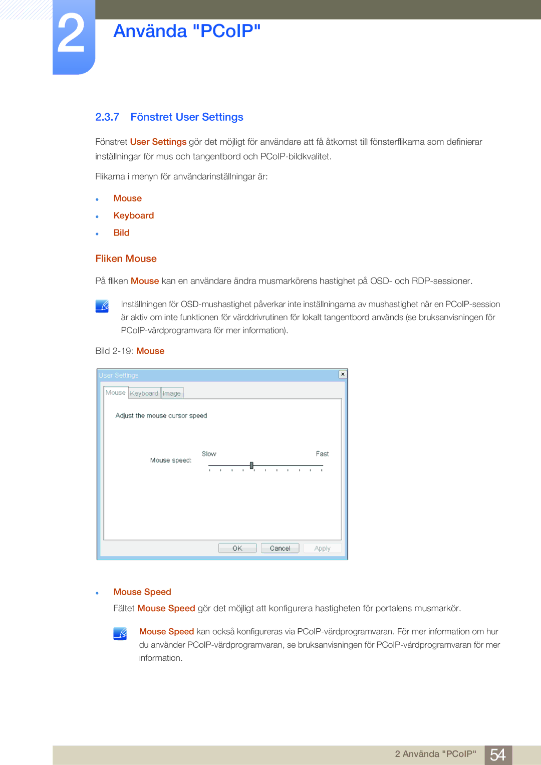 Samsung LF19NSBTBN/EN, LF24NSBTBN/EN manual 7 Fönstret User Settings, Fliken Mouse, Mouse Keyboard Bild, Mouse Speed 