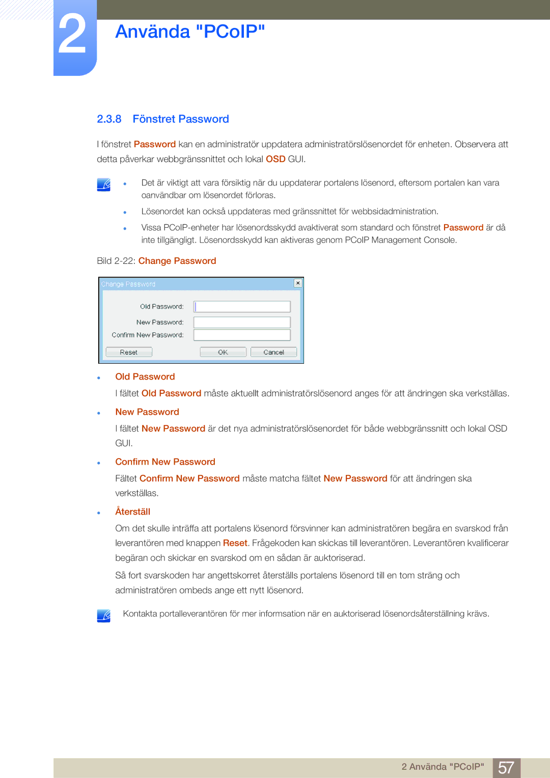 Samsung LF19NSBTBN/EN manual 8 Fönstret Password, Bild 2-22Change Password Old Password, Confirm New Password, Återställ 