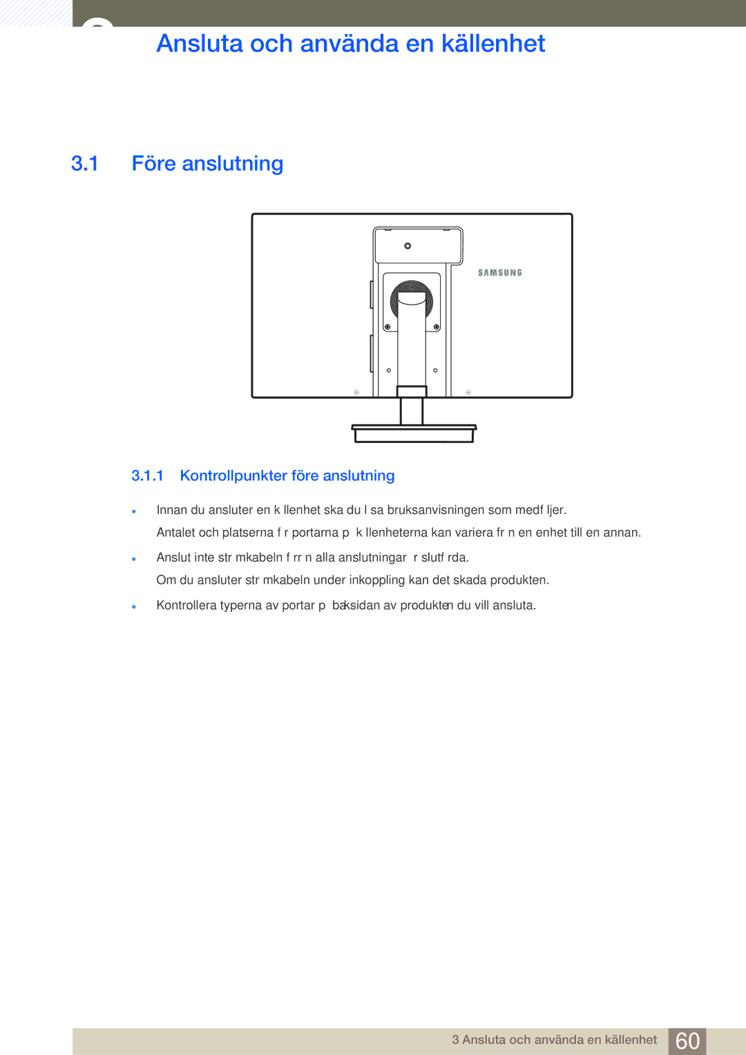 Samsung LF19NSBTBN/EN, LF24NSBTBN/EN Ansluta och använda en källenhet, Före anslutning, Kontrollpunkter före anslutning 