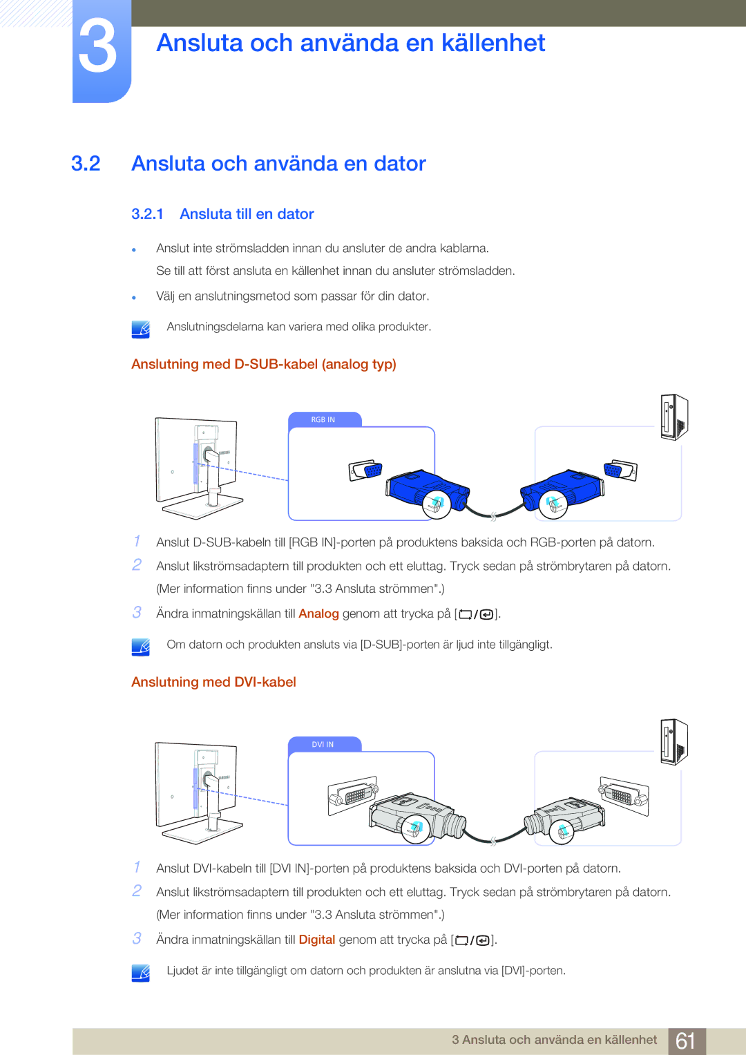 Samsung LF24NSBTBN/EN manual Ansluta och använda en dator, Ansluta till en dator, Anslutning med D-SUB-kabel analog typ 