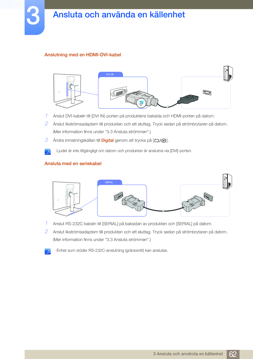 Samsung LF22NSBTBN/EN, LF19NSBTBN/EN, LF24NSBTBN/EN manual Anslutning med en HDMI-DVI-kabel, Ansluta med en seriekabel 