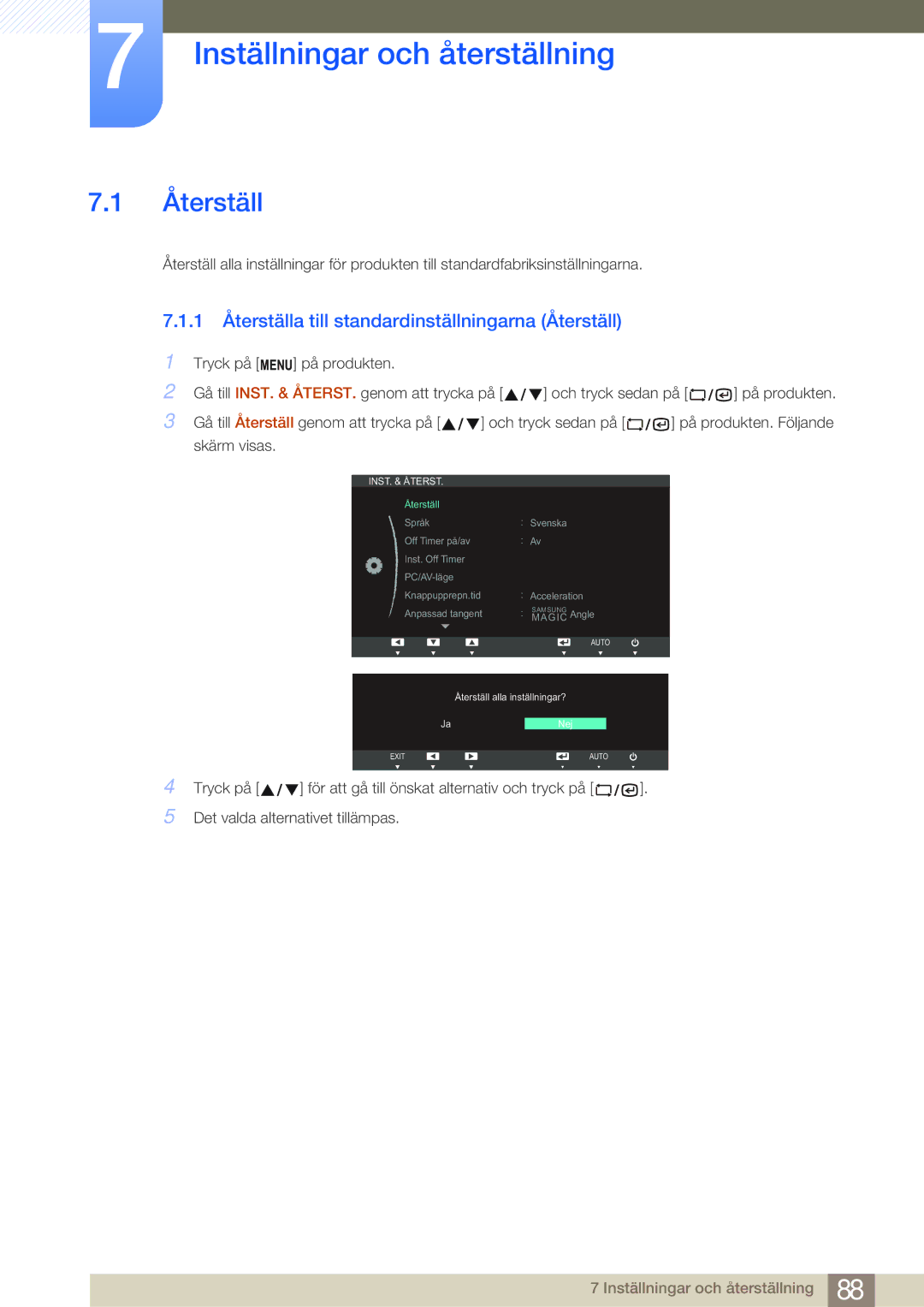 Samsung LF24NSBTBN/EN manual Inställningar och återställning, 1 Återställa till standardinställningarna Återställ 