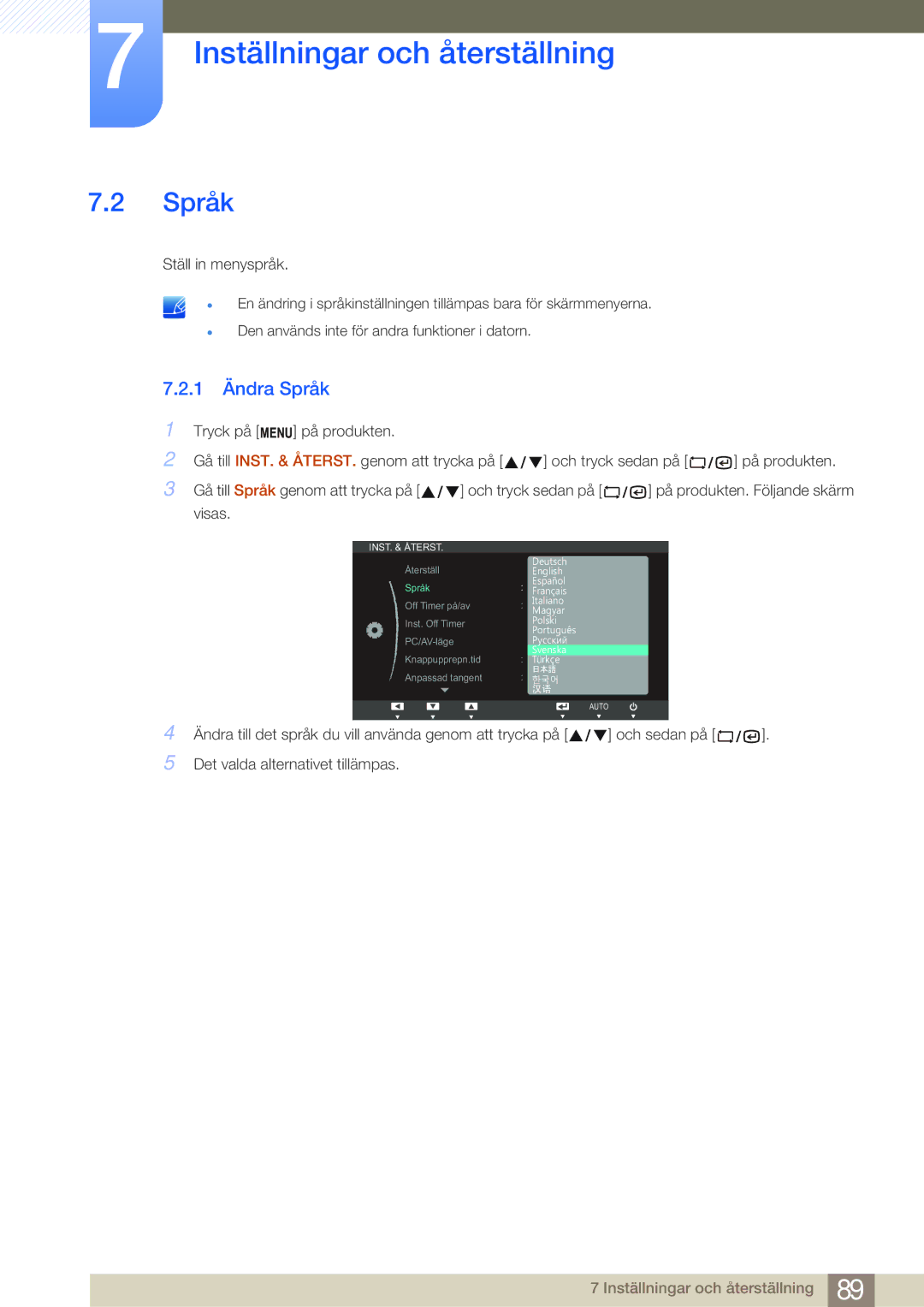 Samsung LF22NSBTBN/EN, LF19NSBTBN/EN, LF24NSBTBN/EN manual 1 Ändra Språk 