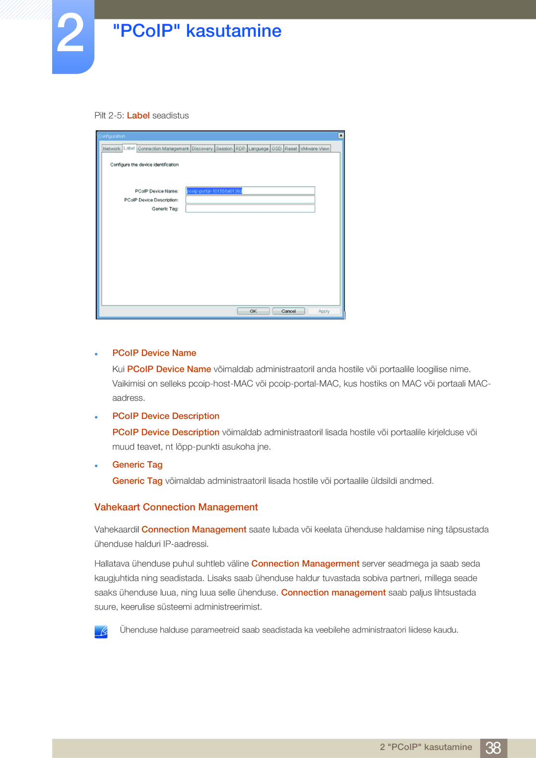 Samsung LF22NSBTBN/EN manual Vahekaart Connection Management, PCoIP Device Name, PCoIP Device Description, Generic Tag 