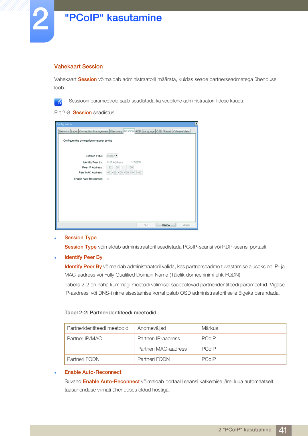 Samsung LF22NSBTBN/EN, LF19NSBTBN/EN, LF24NSBTBN/EN manual Vahekaart Session, Session Type, Enable Auto-Reconnect 