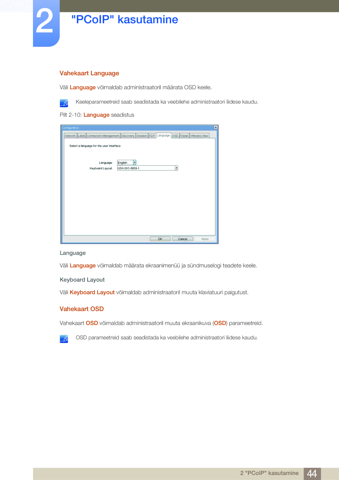 Samsung LF22NSBTBN/EN, LF19NSBTBN/EN, LF24NSBTBN/EN manual Vahekaart Language, Vahekaart OSD 