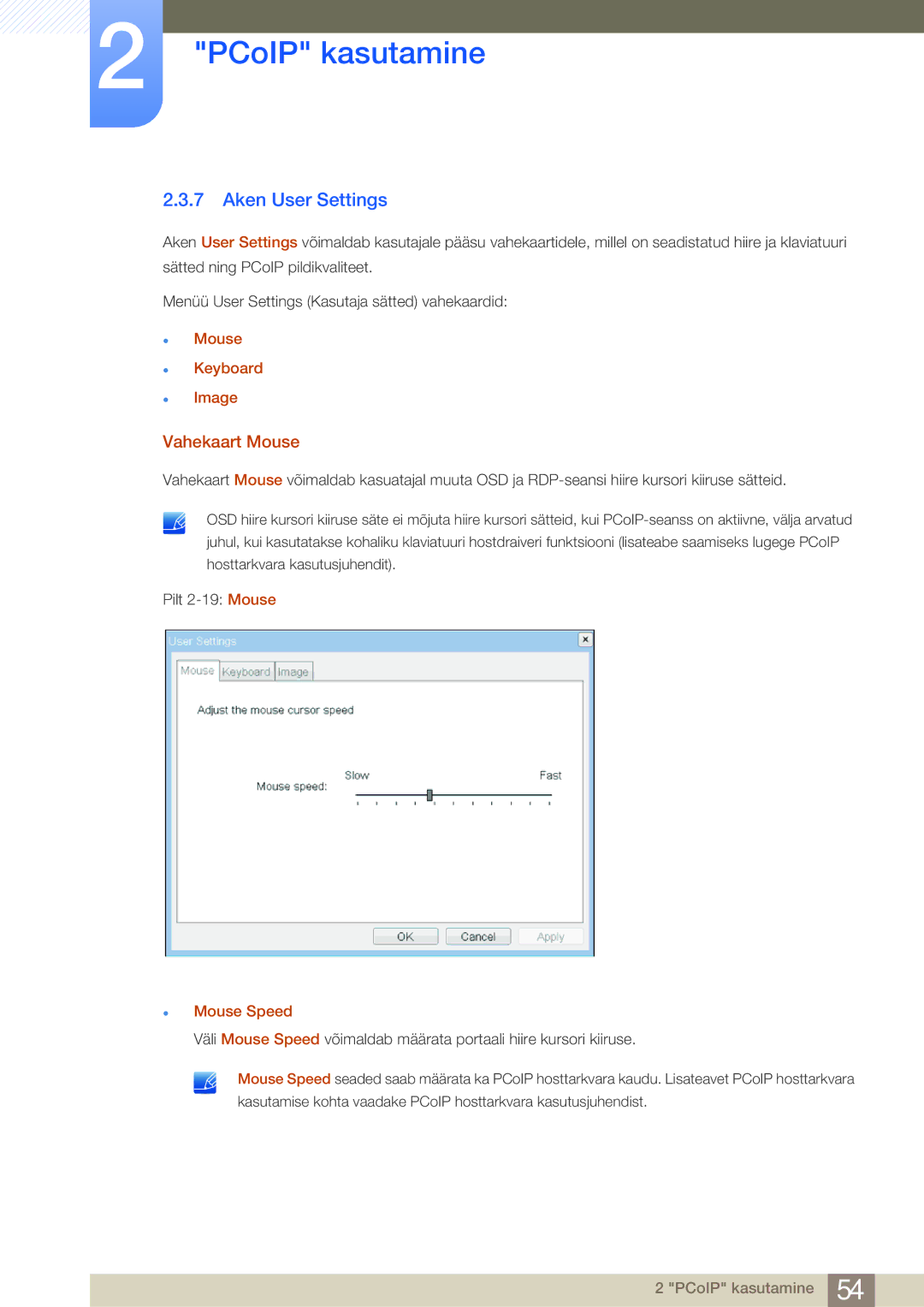 Samsung LF19NSBTBN/EN, LF24NSBTBN/EN, LF22NSBTBN/EN Aken User Settings, Vahekaart Mouse, Mouse Keyboard Image, Mouse Speed 