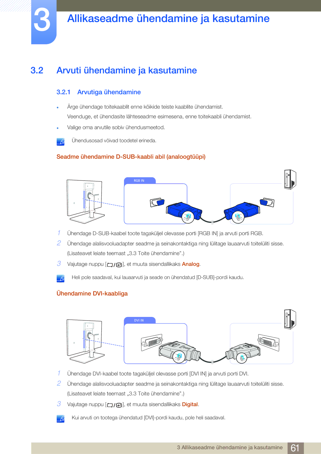 Samsung LF24NSBTBN/EN, LF19NSBTBN/EN manual Arvuti ühendamine ja kasutamine, Arvutiga ühendamine, Ühendamine DVI-kaabliga 