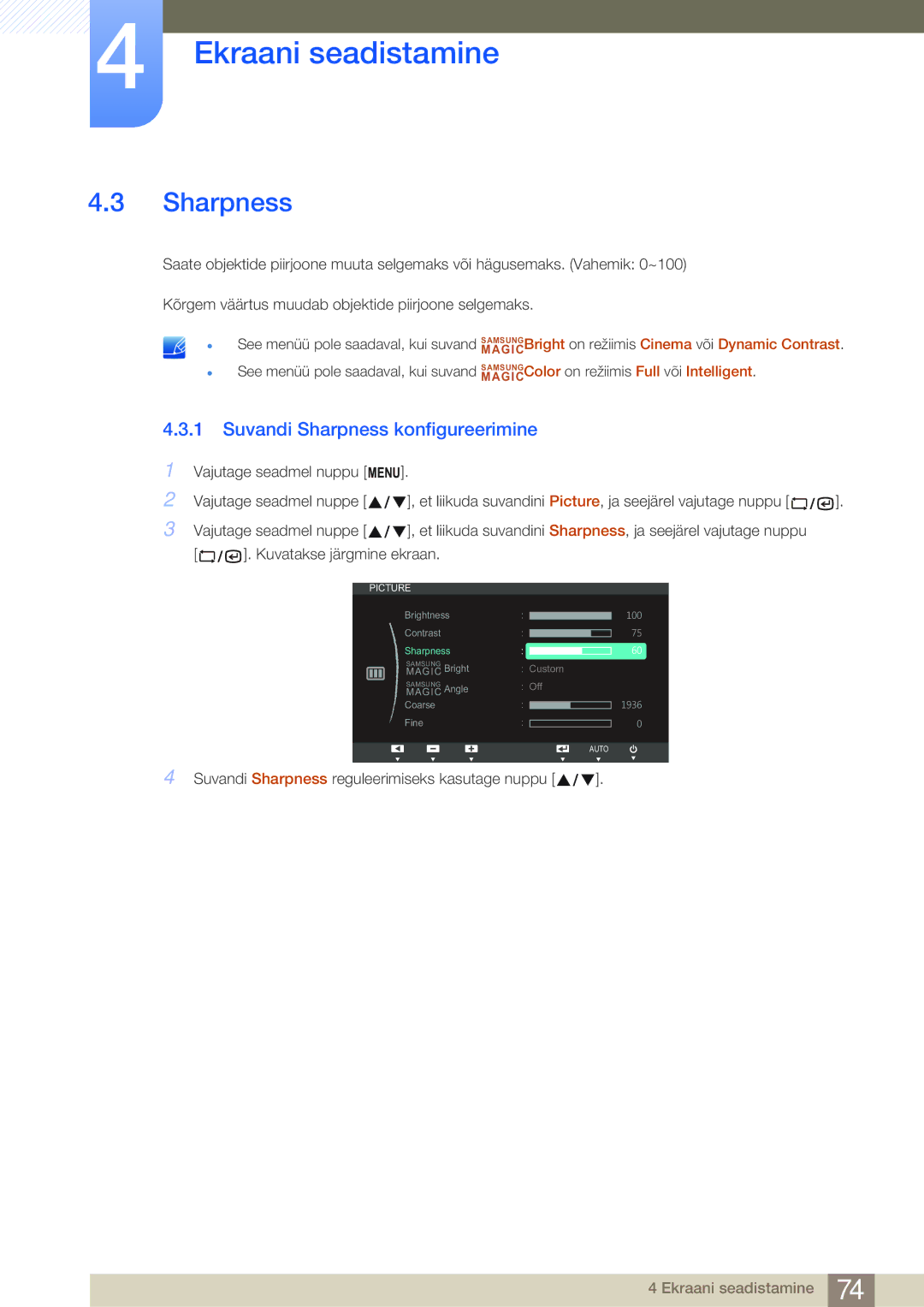 Samsung LF22NSBTBN/EN, LF19NSBTBN/EN, LF24NSBTBN/EN manual Suvandi Sharpness konfigureerimine 