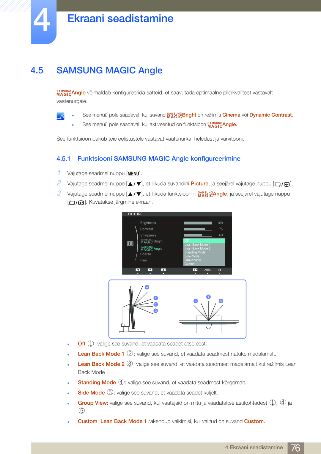 Samsung LF24NSBTBN/EN, LF19NSBTBN/EN, LF22NSBTBN/EN manual Funktsiooni Samsung Magic Angle konfigureerimine 