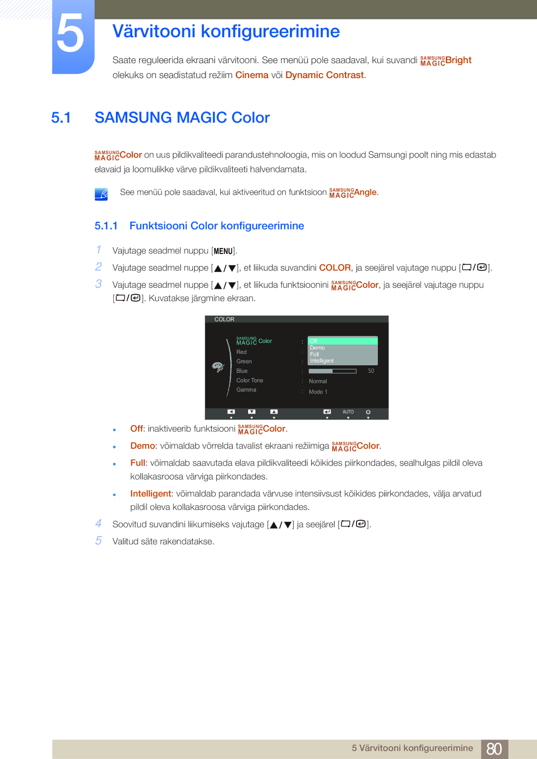 Samsung LF22NSBTBN/EN, LF19NSBTBN/EN Värvitooni konfigureerimine, Samsung Magic Color, Funktsiooni Color konfigureerimine 