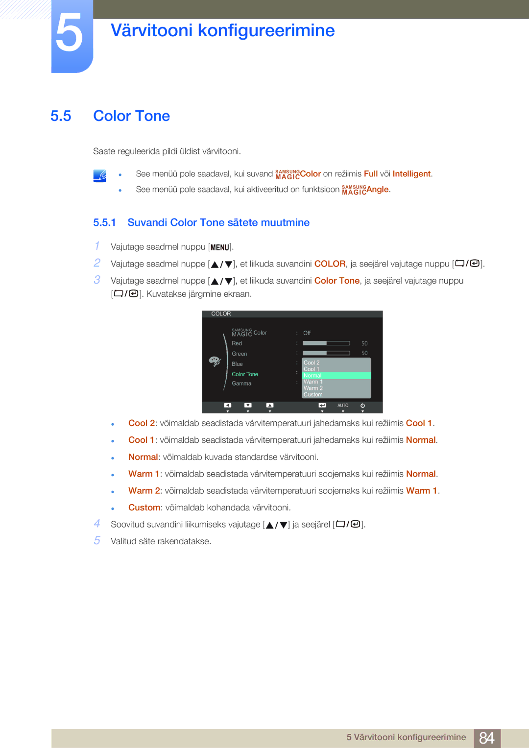 Samsung LF19NSBTBN/EN, LF24NSBTBN/EN, LF22NSBTBN/EN manual Suvandi Color Tone sätete muutmine 