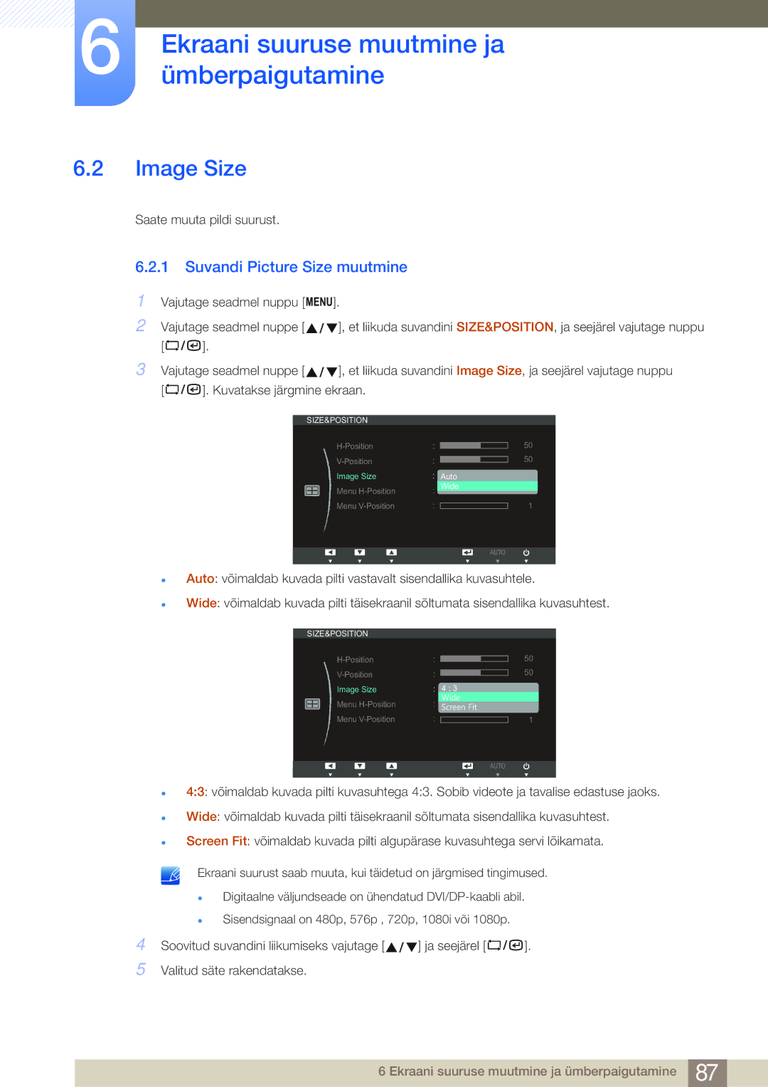 Samsung LF19NSBTBN/EN, LF24NSBTBN/EN, LF22NSBTBN/EN manual Image Size, Suvandi Picture Size muutmine 