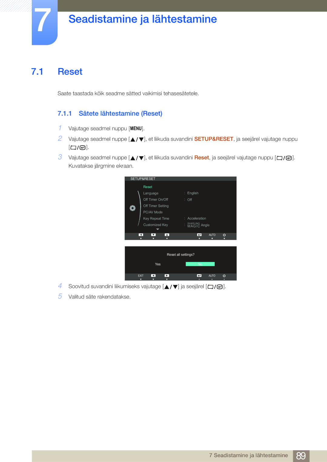 Samsung LF22NSBTBN/EN, LF19NSBTBN/EN, LF24NSBTBN/EN manual Seadistamine ja lähtestamine, 1 Sätete lähtestamine Reset 