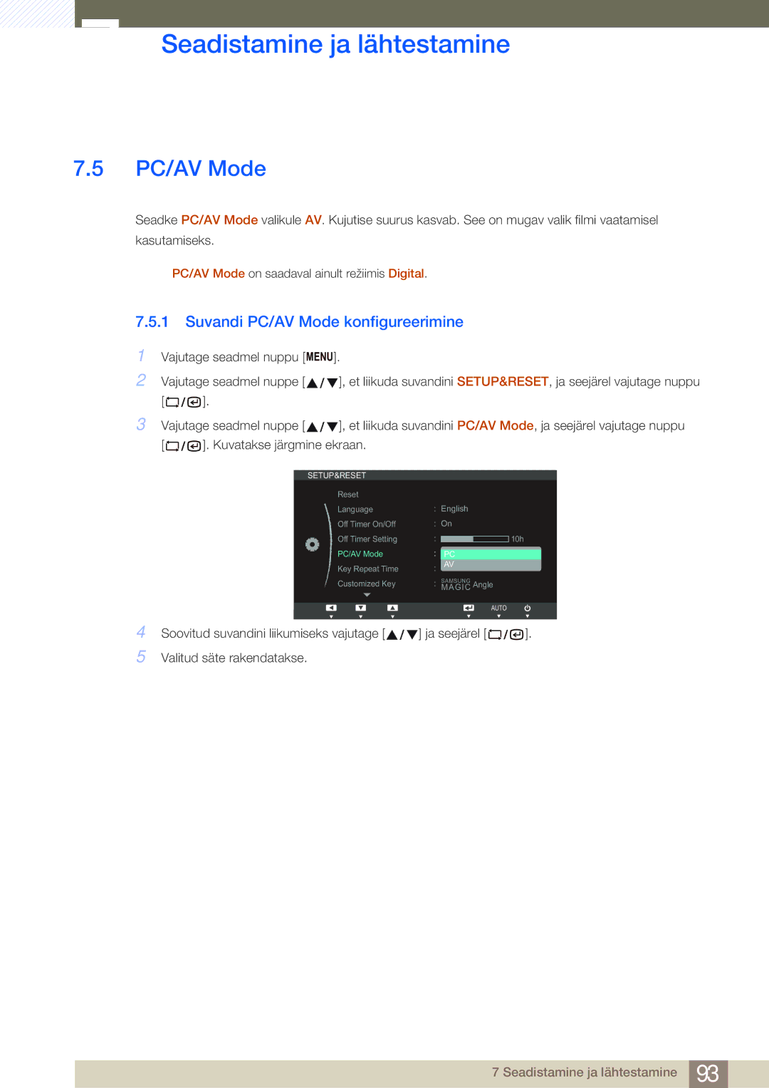 Samsung LF19NSBTBN/EN, LF24NSBTBN/EN, LF22NSBTBN/EN manual Suvandi PC/AV Mode konfigureerimine 