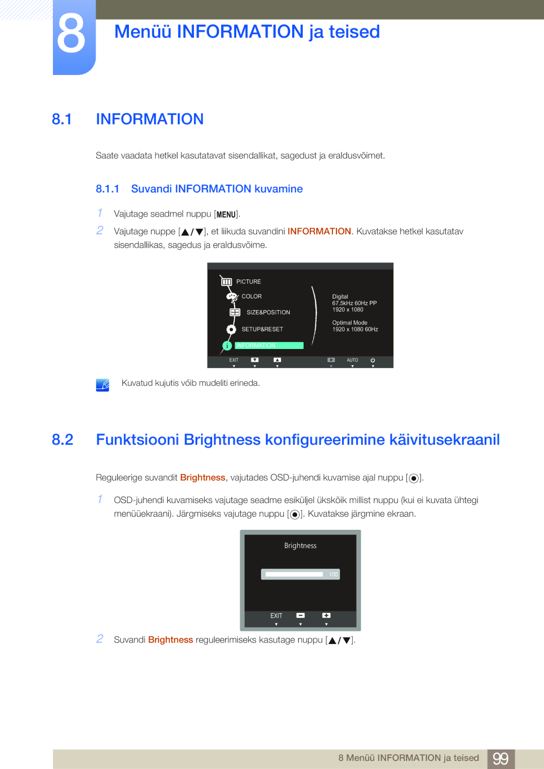 Samsung LF19NSBTBN/EN, LF24NSBTBN/EN Menüü Information ja teised, Funktsiooni Brightness konfigureerimine käivitusekraanil 