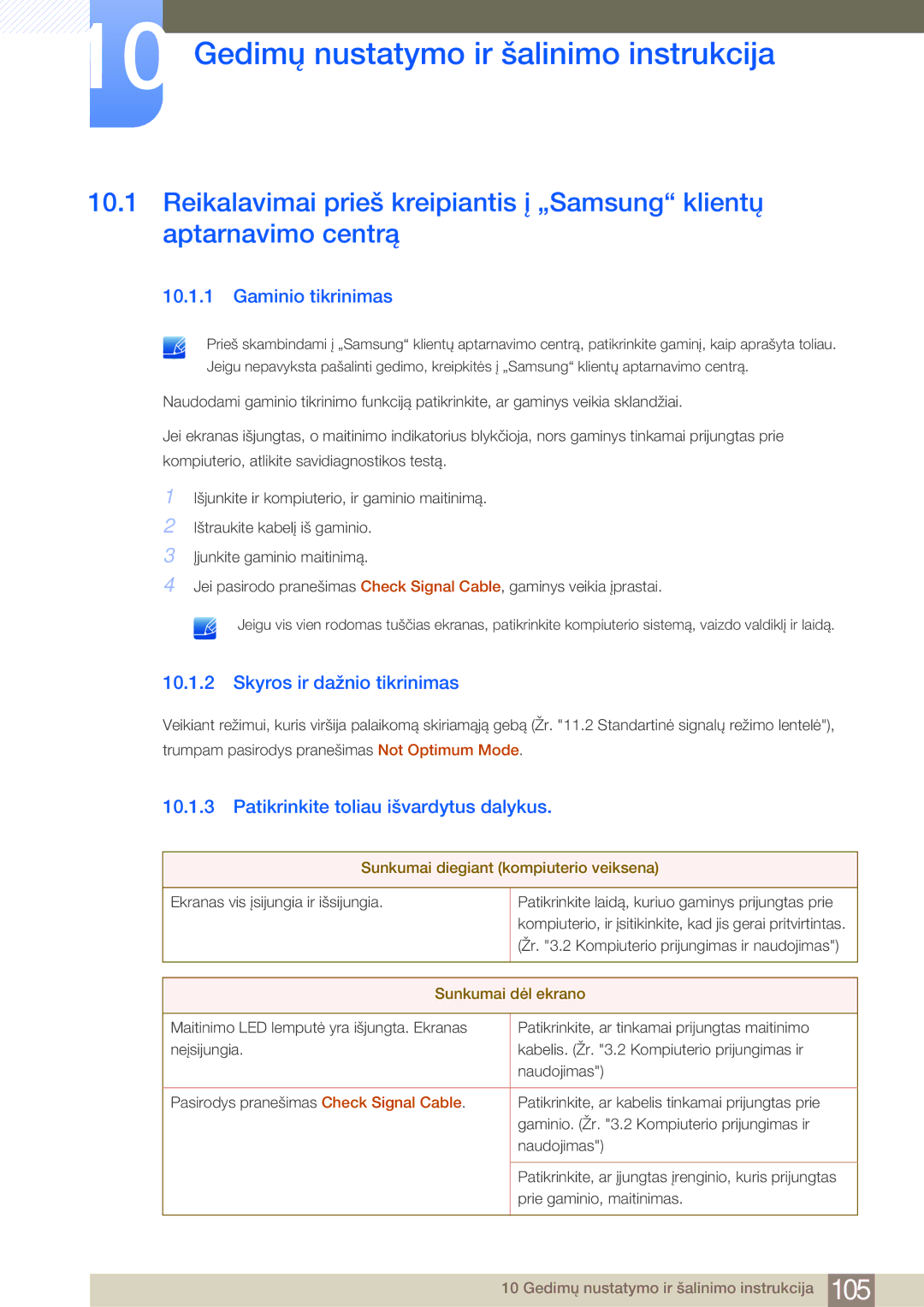 Samsung LF19NSBTBN/EN manual Gedimų nustatymo ir šalinimo instrukcija, Gaminio tikrinimas, Skyros ir dažnio tikrinimas 